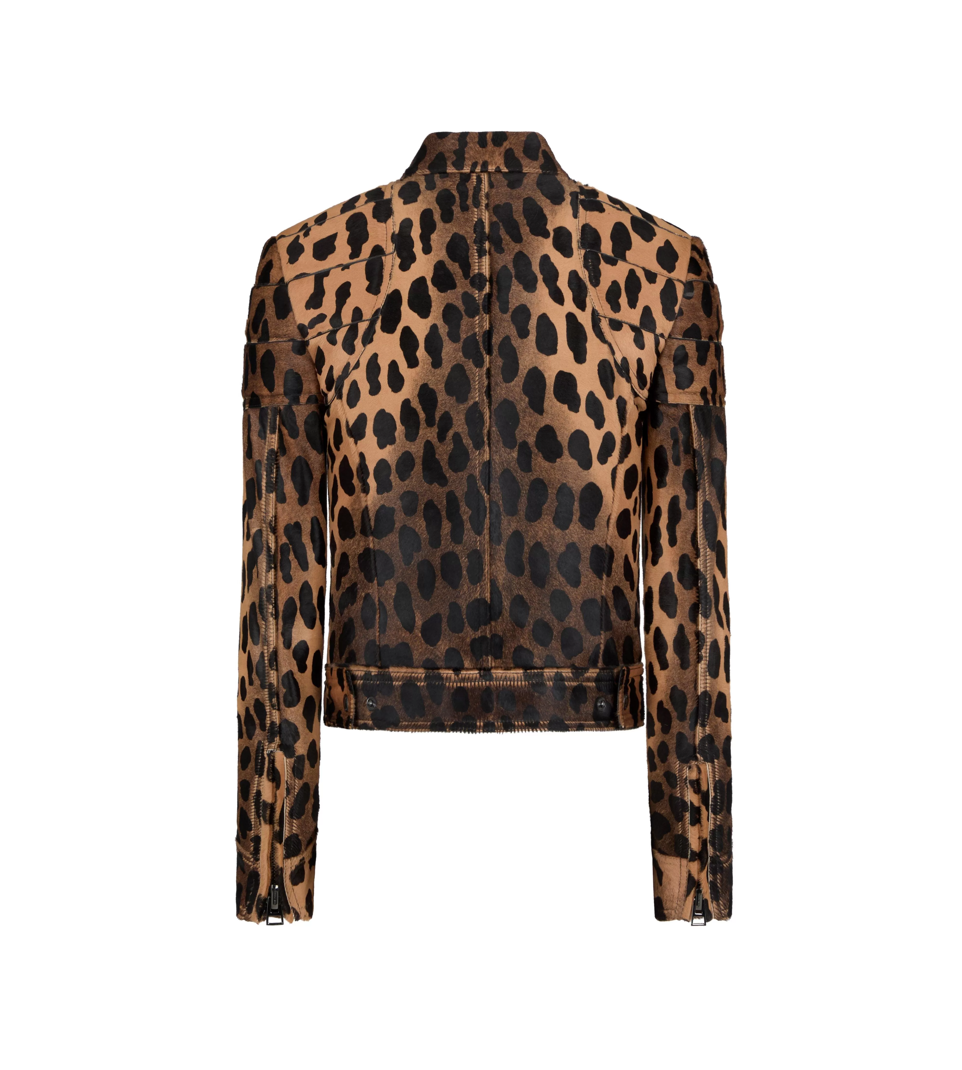 TOM FORD LEOPARD PRINTED CALF HAIR BIKER JACKET BLACK + BEIGE^WOMEN | WOMEN Outerwear | AUTUMN/WINTER 23