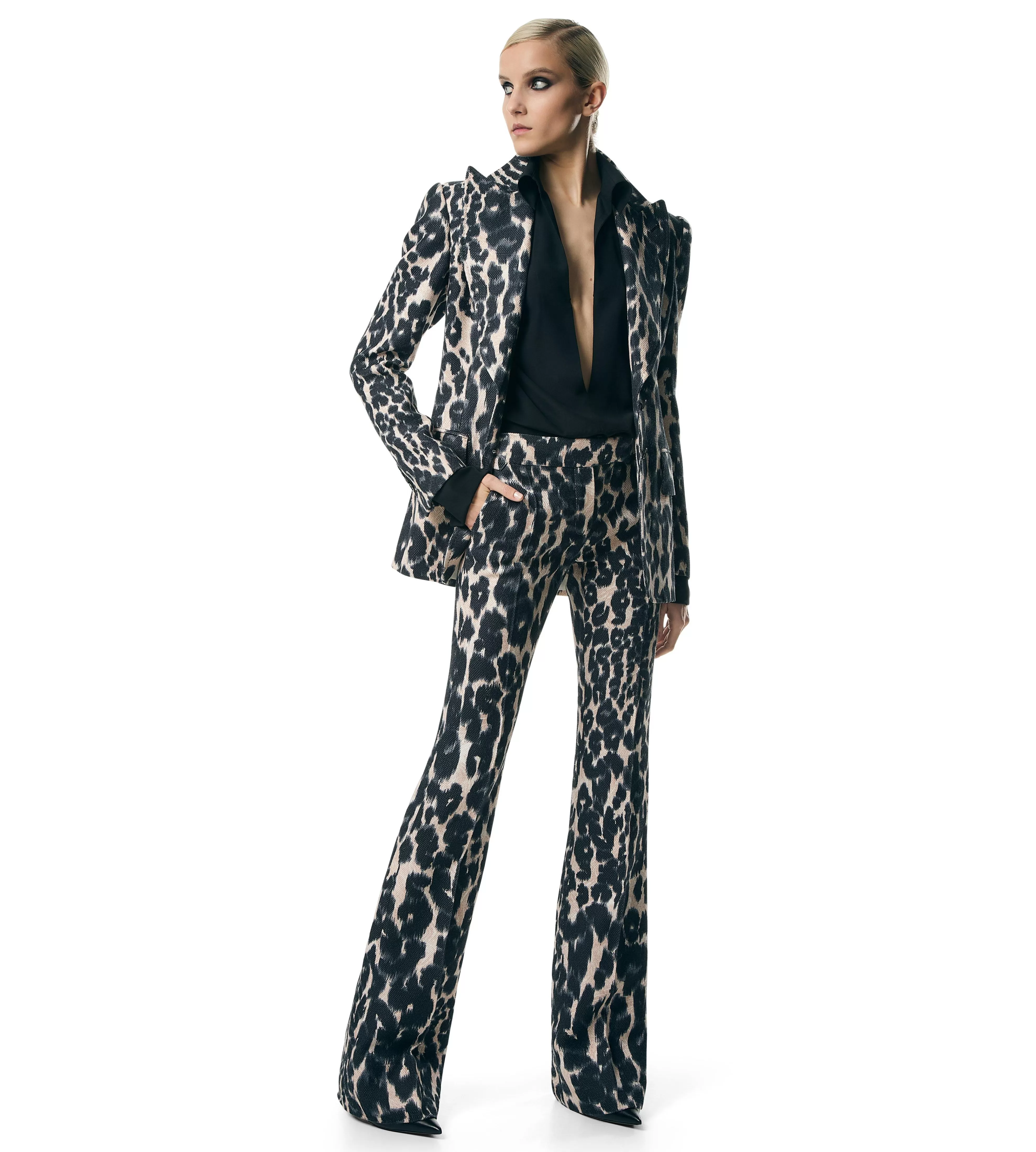 TOM FORD LEOPARD PRINTED HOPSACK FLARED PANTS CHALK & BLACK^WOMEN Pants & Shorts