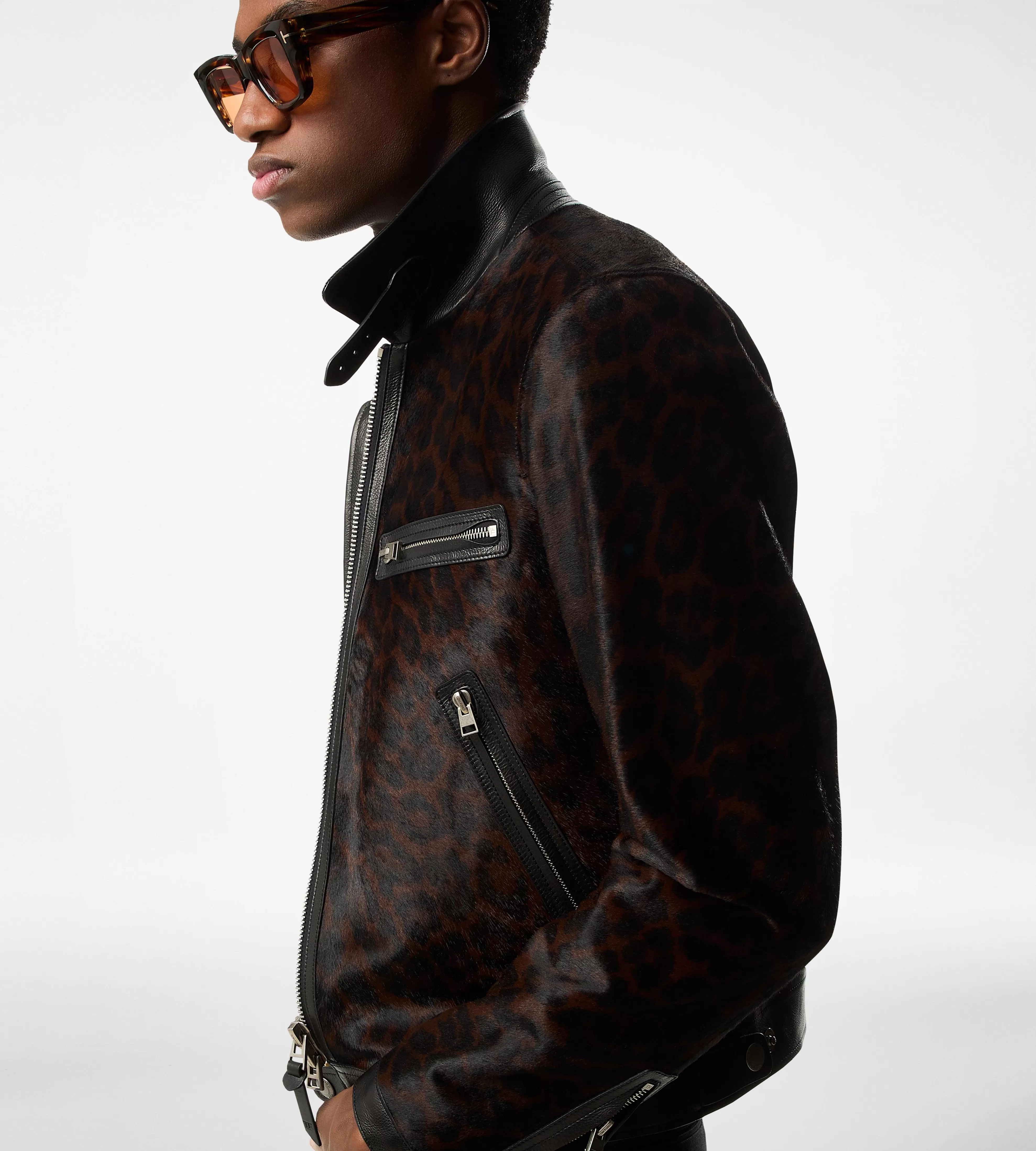 TOM FORD LEOPARD PRINTED PONY CONTRAST 4 ZIP BLOUSON COMBO BROWN^MEN Outerwear