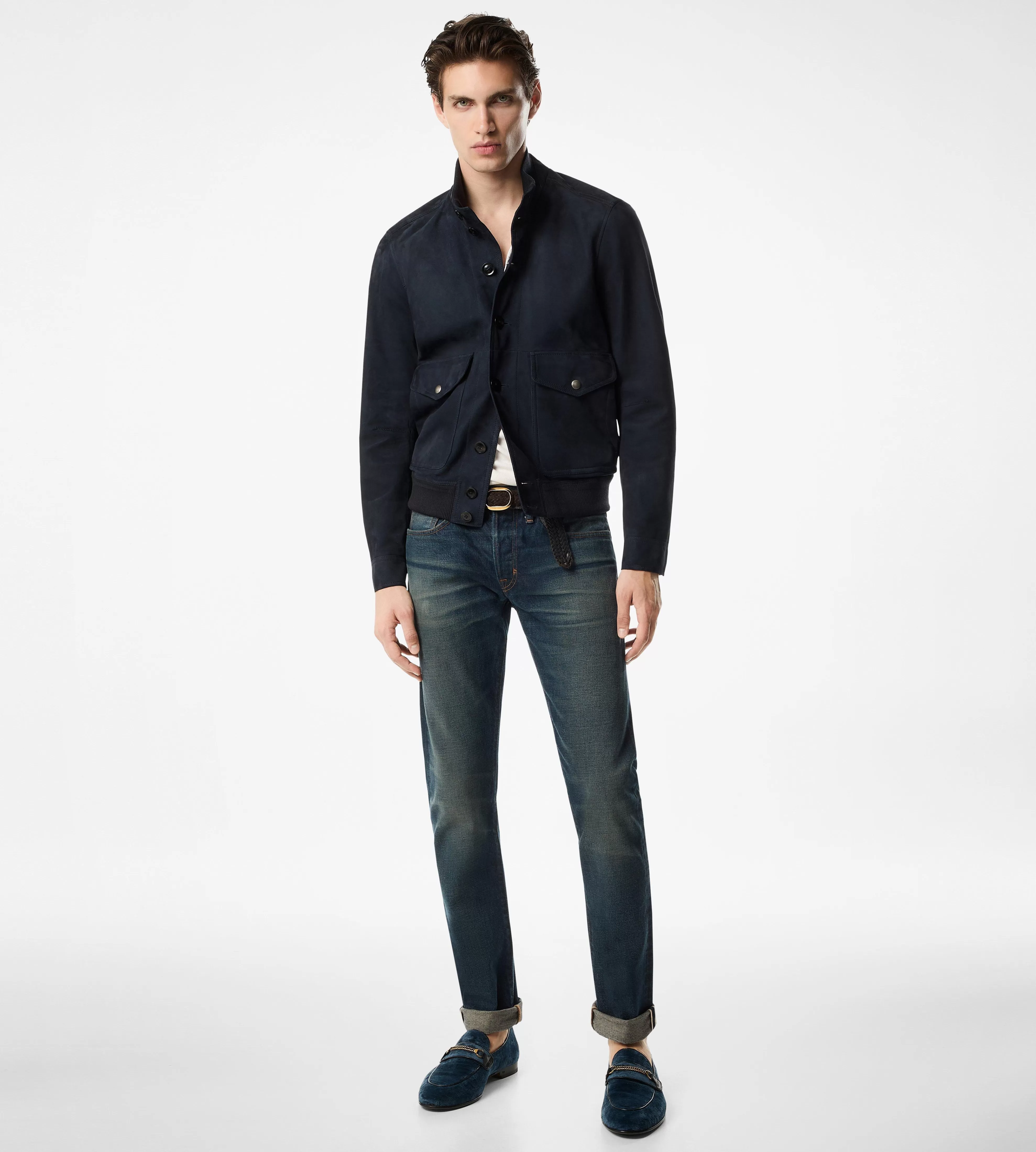 TOM FORD LIGHT SUEDE BUTTON THROUGH BOMBER NAVY^MEN Outerwear