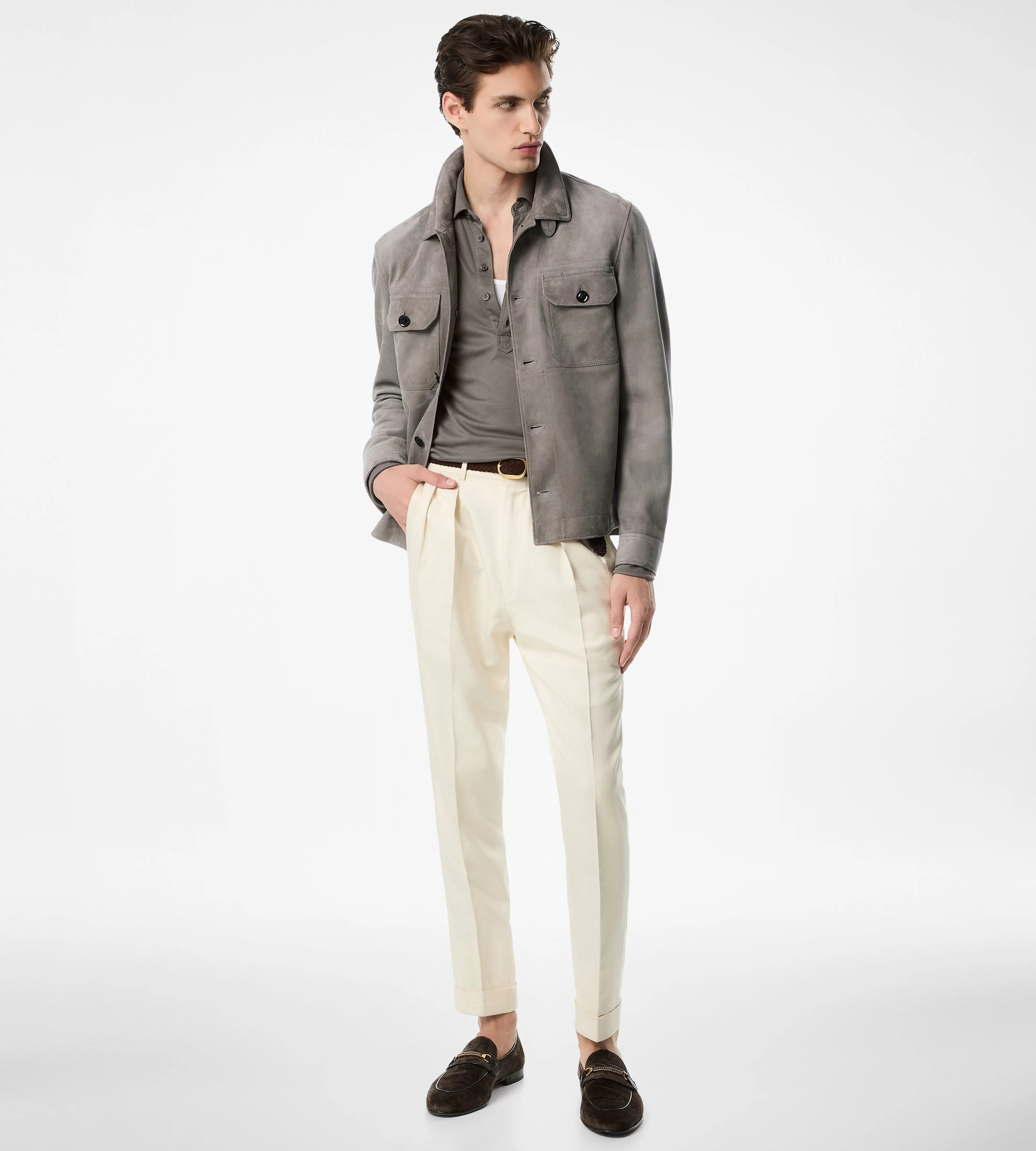 TOM FORD LIGHT SUEDE OUTERSHIRT PALE GREY^MEN SPRING 24