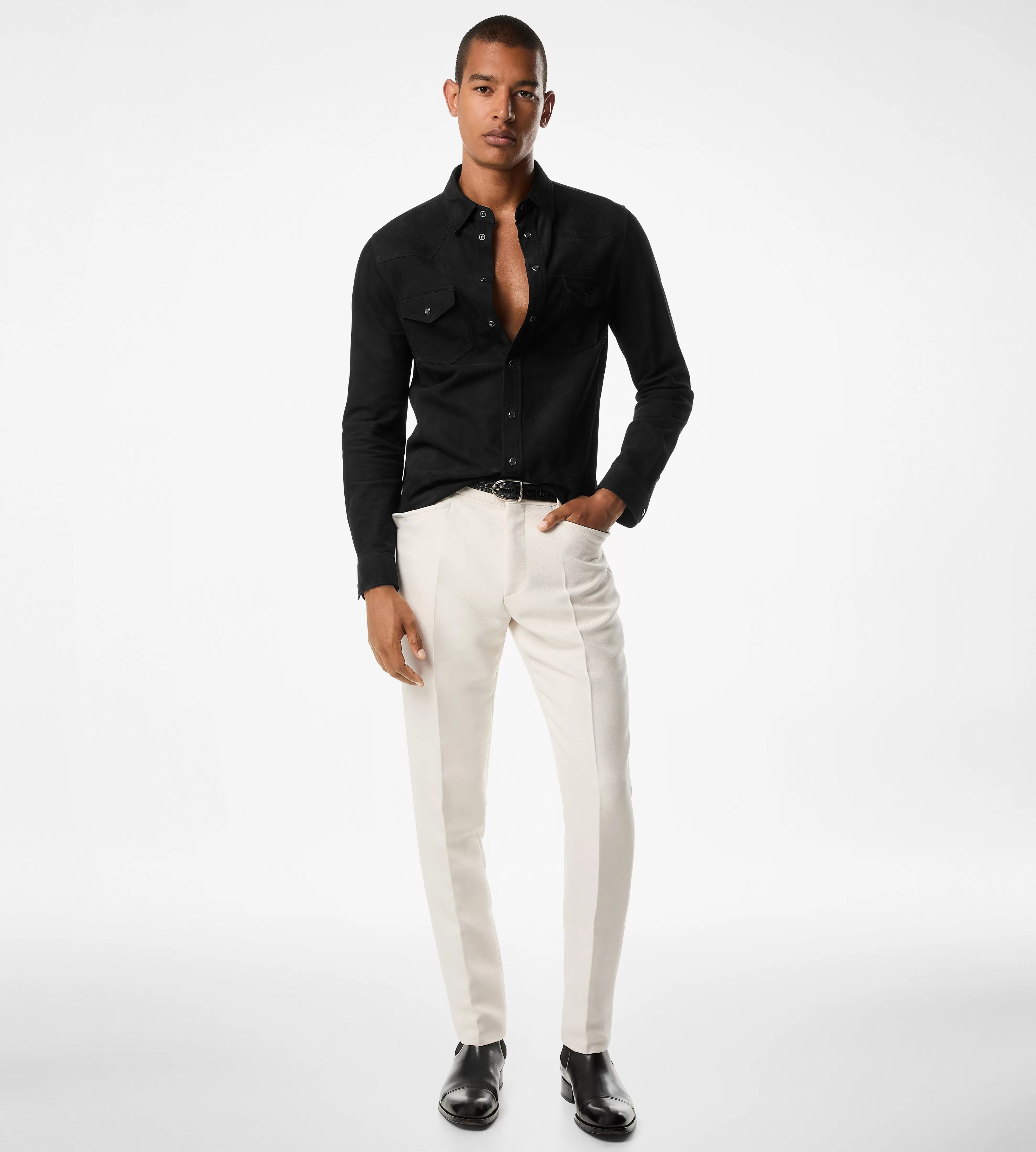 TOM FORD LIGHT SUEDE WESTERN SHIRT BLACK^MEN SPRING 24