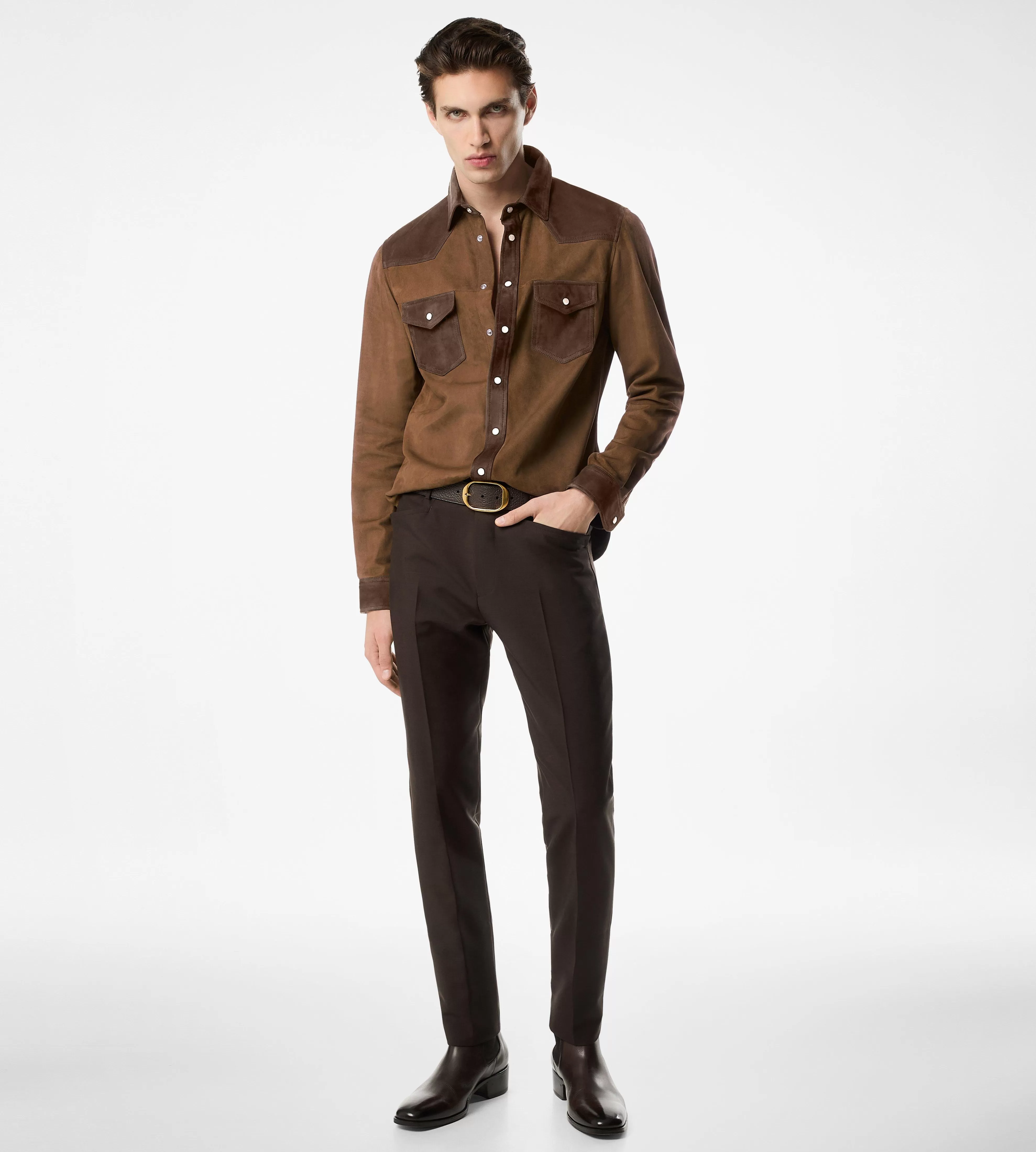 TOM FORD LIGHT SUEDE WESTERN SHIRT CIGAR & BROWN^MEN SPRING 24