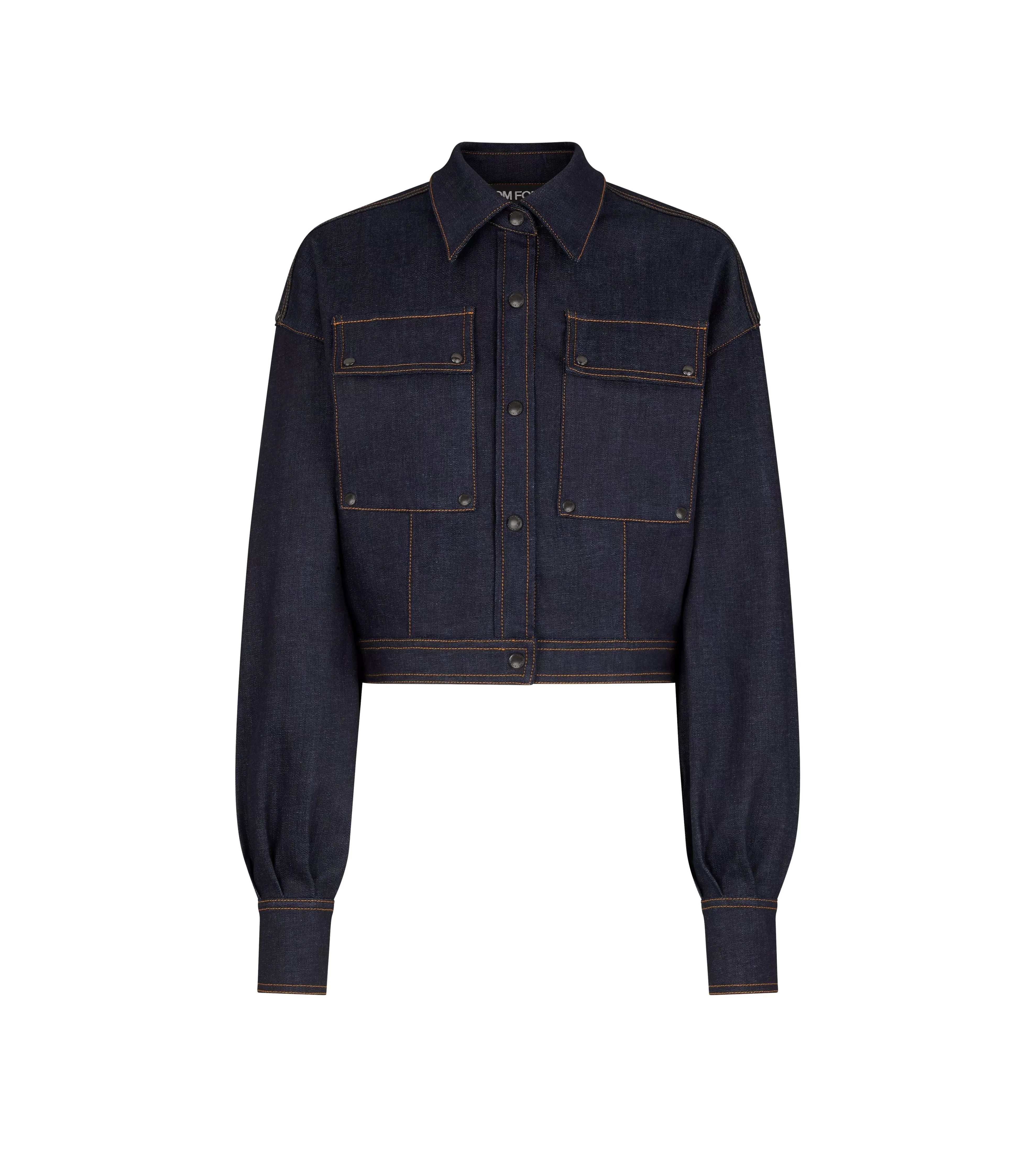 TOM FORD LIGHTWEIGHT DENIM CROPPED BLOUSON DARK INDIGO^WOMEN | WOMEN Outerwear | AUTUMN/WINTER 23