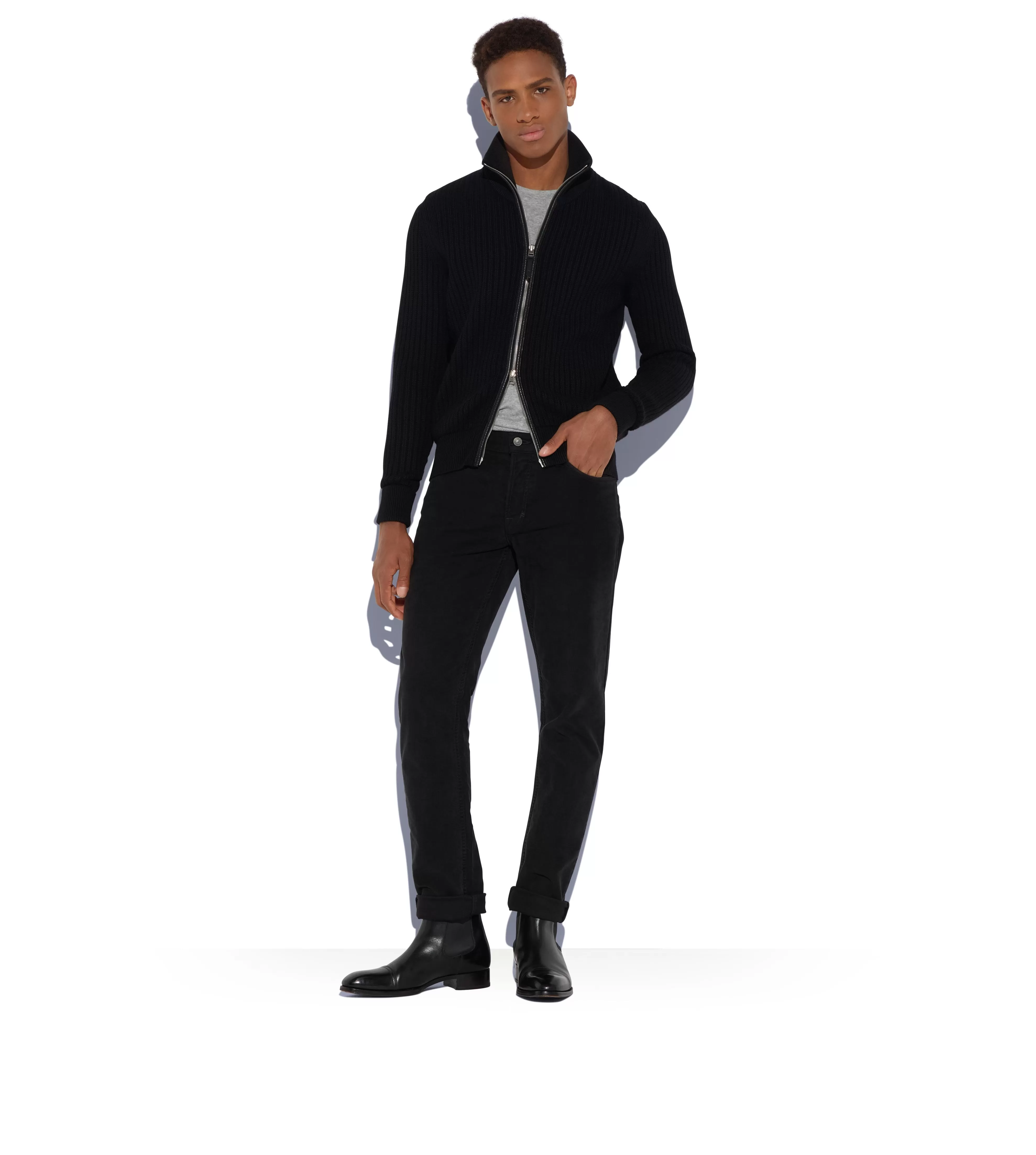 TOM FORD MERINO CASHMERE ZIP THROUGH BLACK^MEN Knitwear