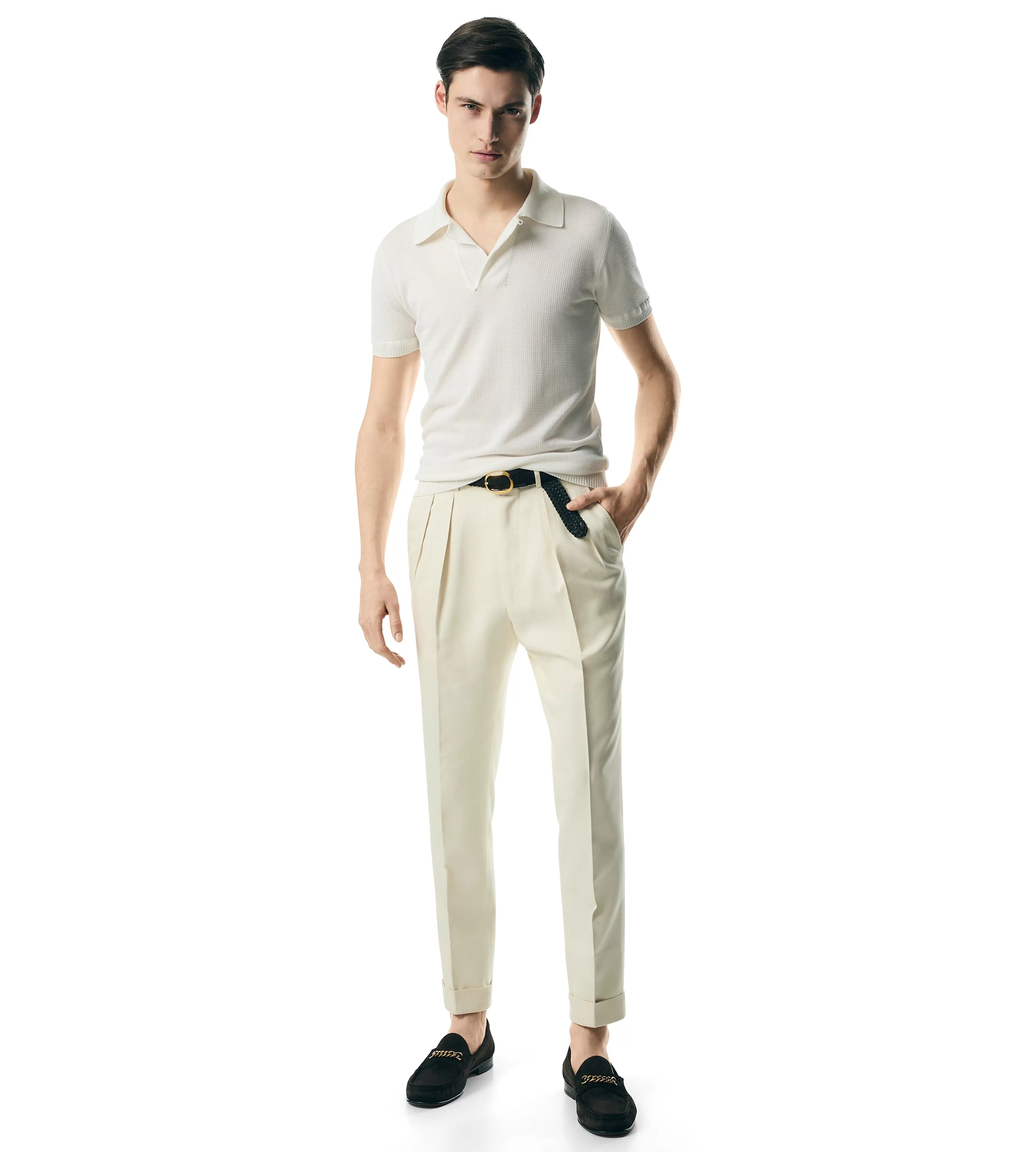 TOM FORD MICRO TEXTURED PIQUET POLO CHALK^MEN Knitwear