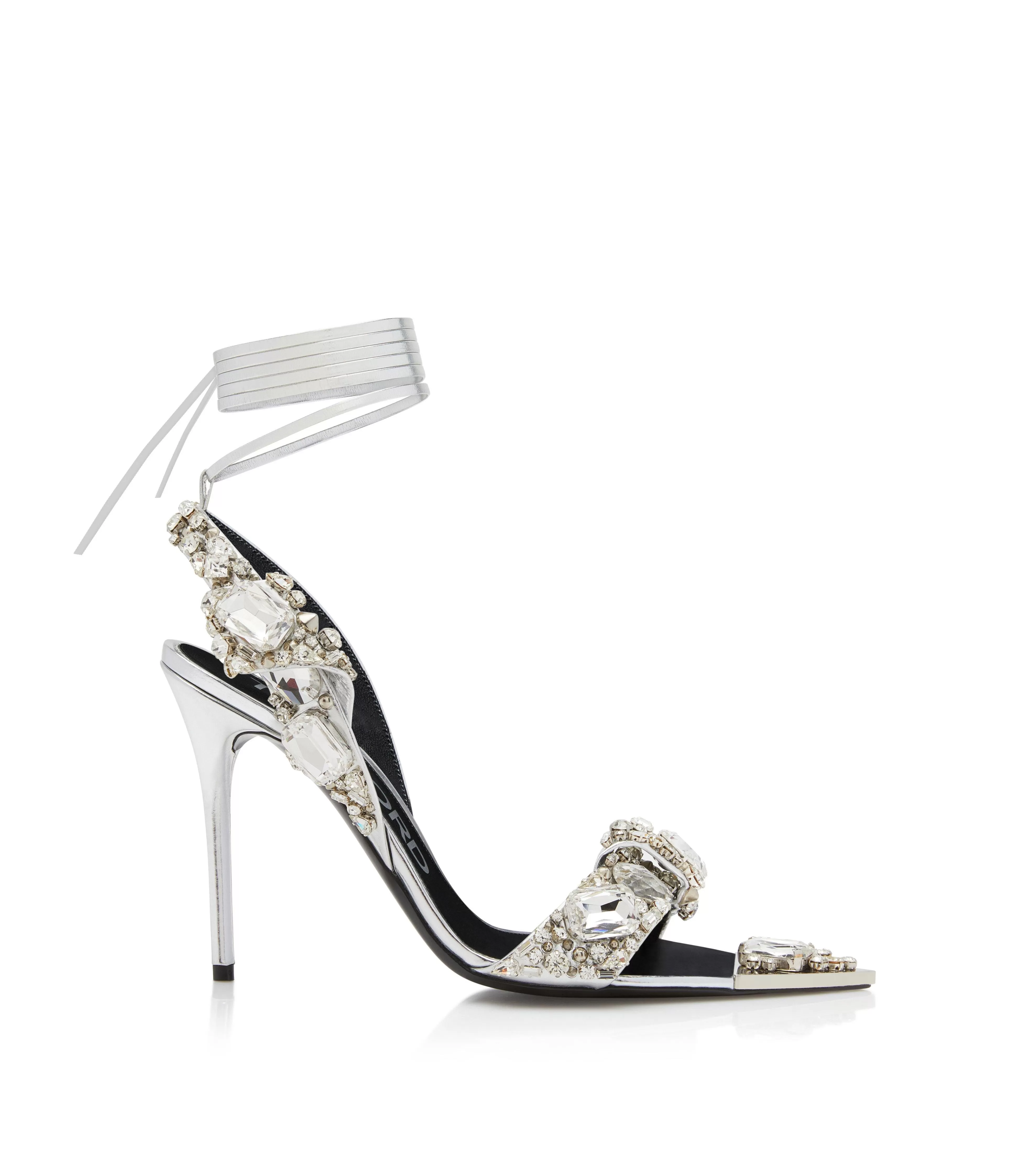 TOM FORD MIRROR LEATHER AND CRYSTAL STONES POINTY JEWEL SANDAL SILVER + CRYSTAL^WOMEN Sandals