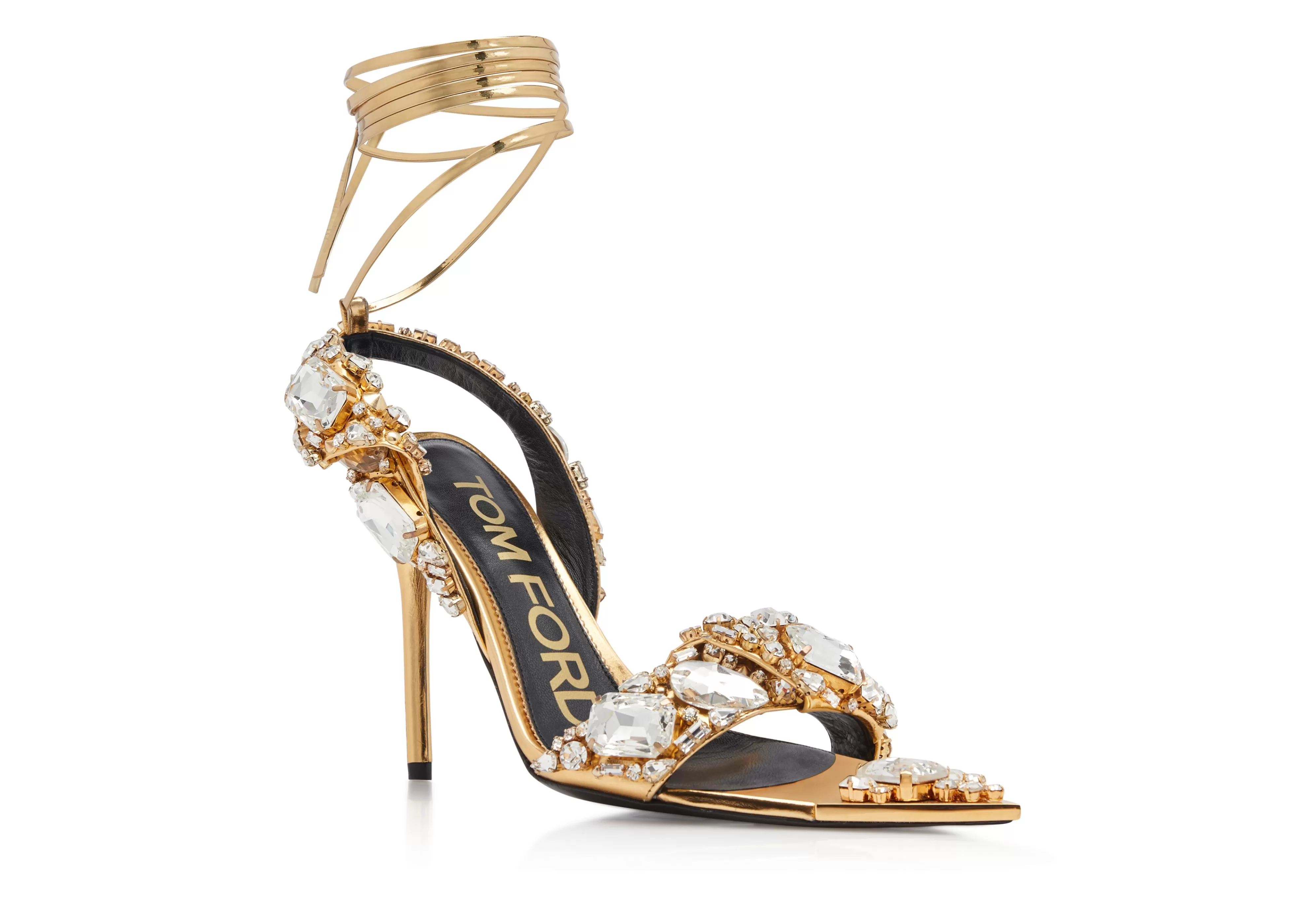 TOM FORD MIRROR LEATHER AND CRYSTAL STONES POINTY JEWEL SANDAL GOLD+CRYSTAL^WOMEN Sandals