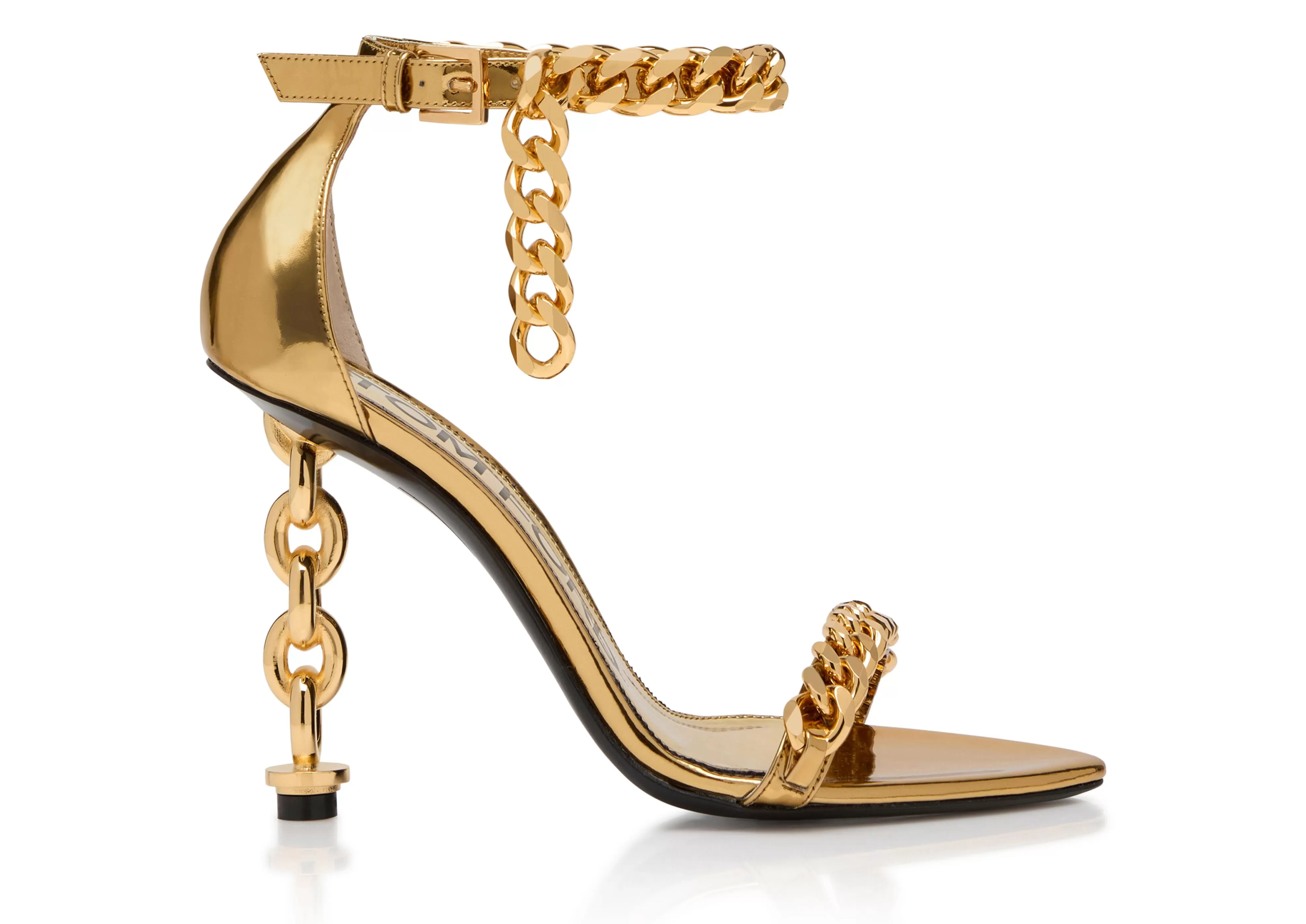 TOM FORD MIRROR LEATHER CHAIN HEEL ANKLE STRAP SANDAL GOLD^WOMEN Sandals