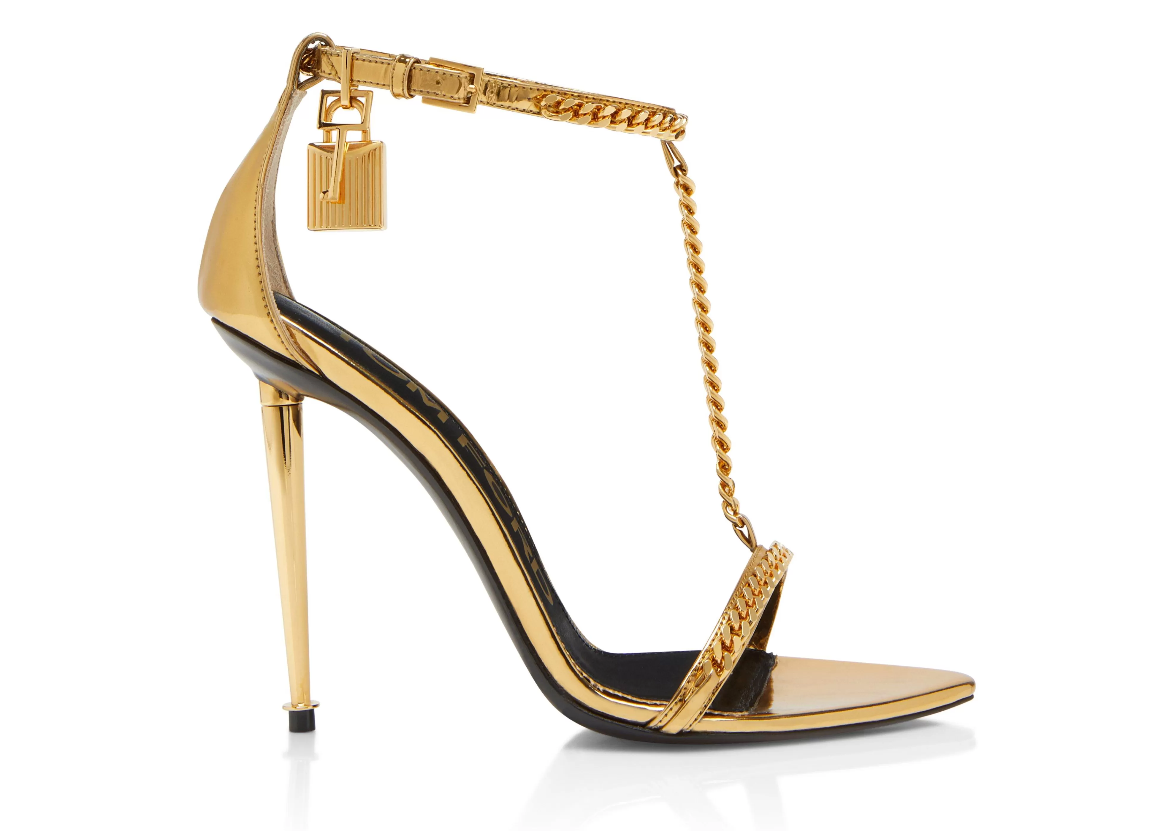 TOM FORD MIRROR LEATHER PADLOCK CHAIN POINTY NAKED SANDAL GOLD^WOMEN | WOMEN Sandals | The Padlock