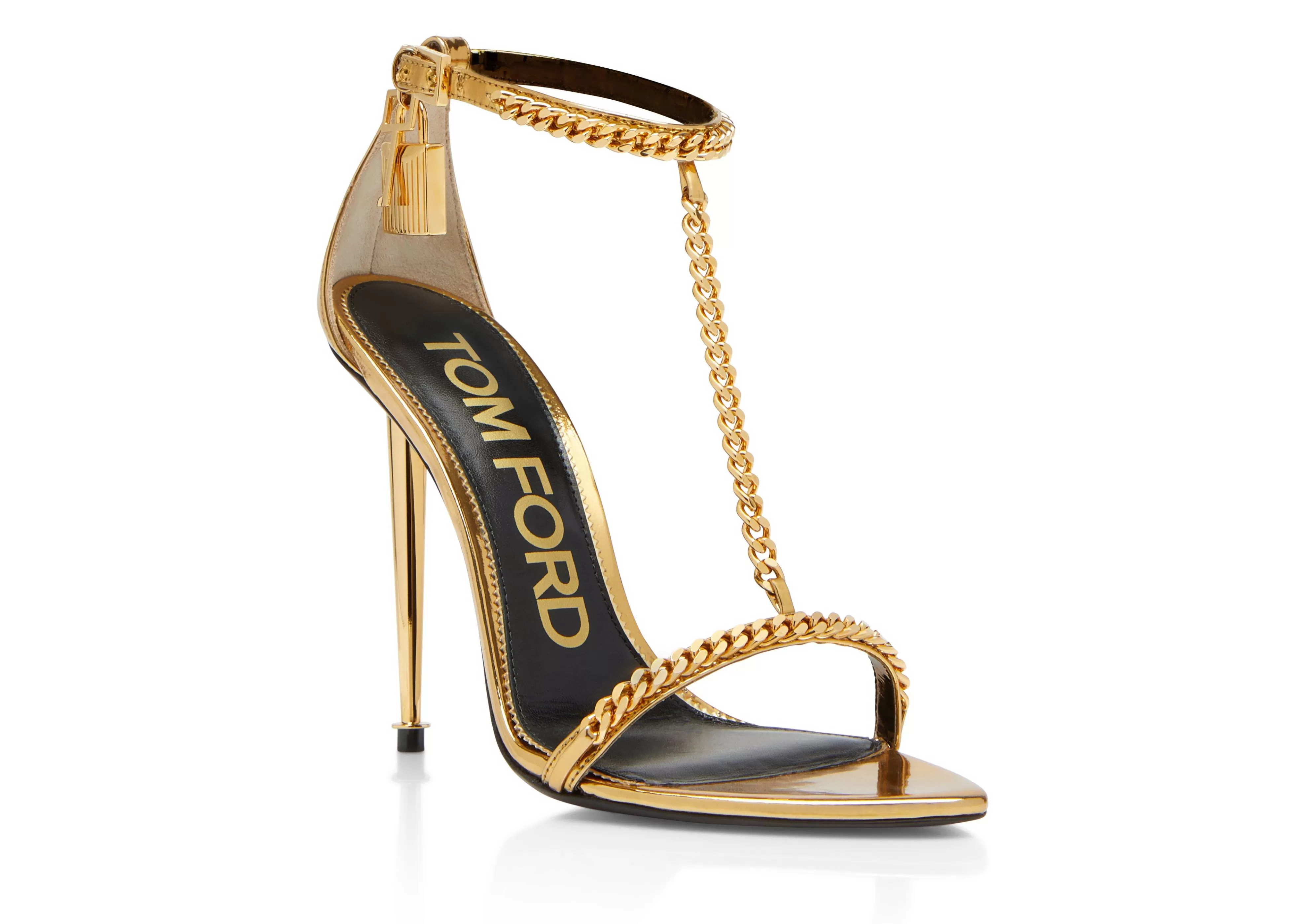 TOM FORD MIRROR LEATHER PADLOCK CHAIN POINTY NAKED SANDAL GOLD^WOMEN | WOMEN Sandals | The Padlock