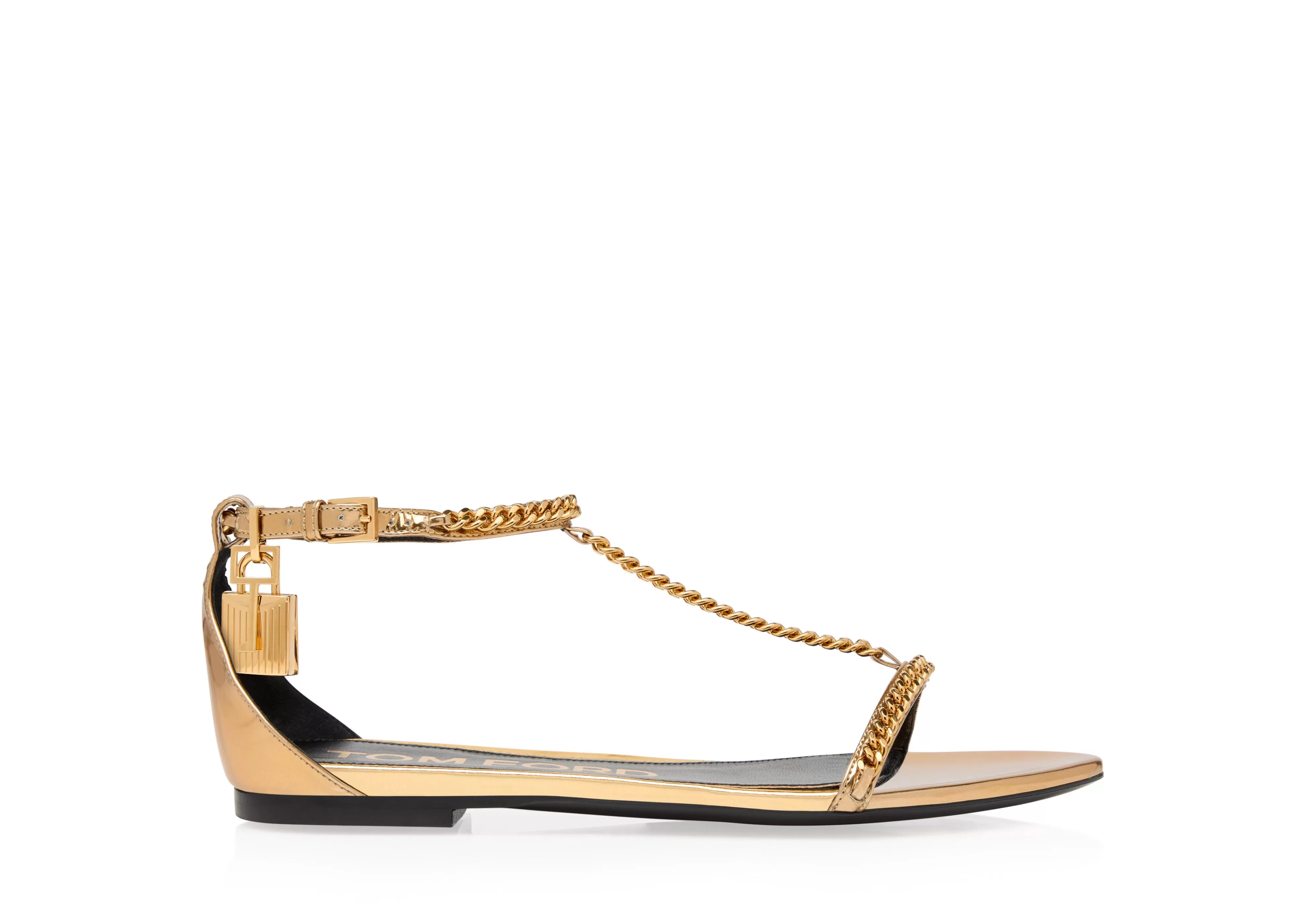 TOM FORD MIRROR LEATHER PADLOCK CHAIN SANDAL GOLD^WOMEN | WOMEN | WOMEN Flats | Sandals | The Padlock