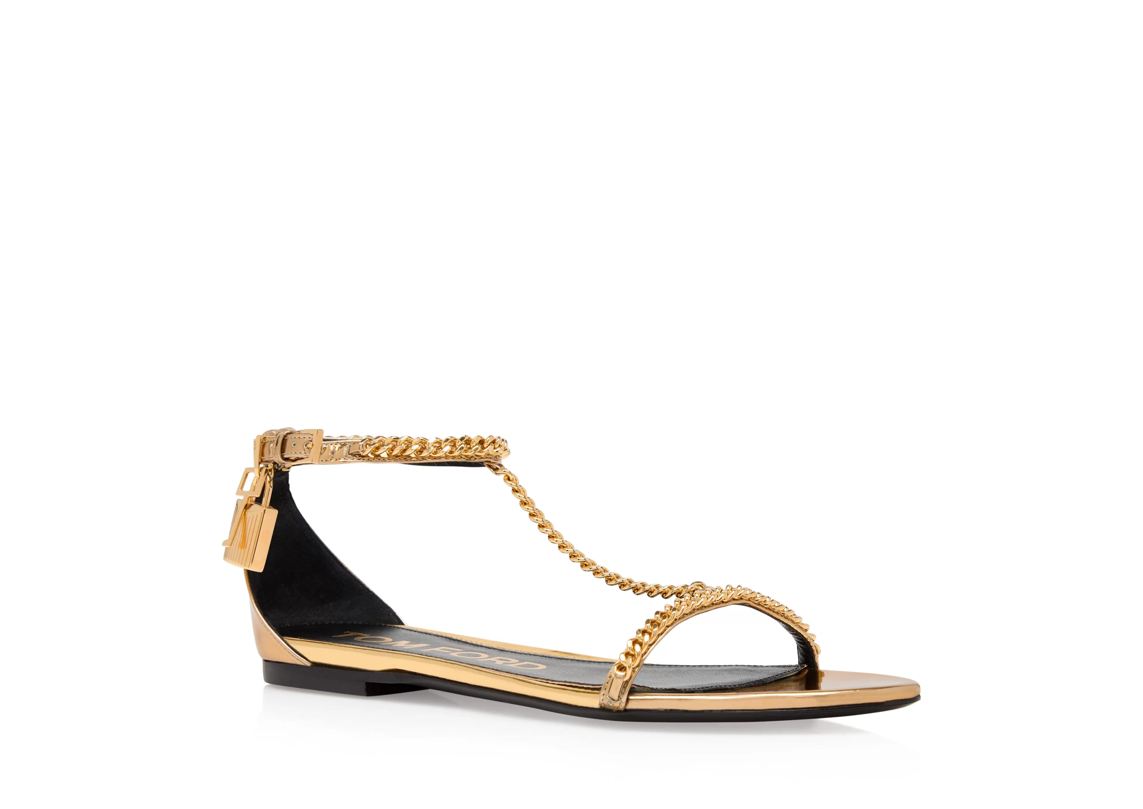 TOM FORD MIRROR LEATHER PADLOCK CHAIN SANDAL GOLD^WOMEN | WOMEN | WOMEN Flats | Sandals | The Padlock