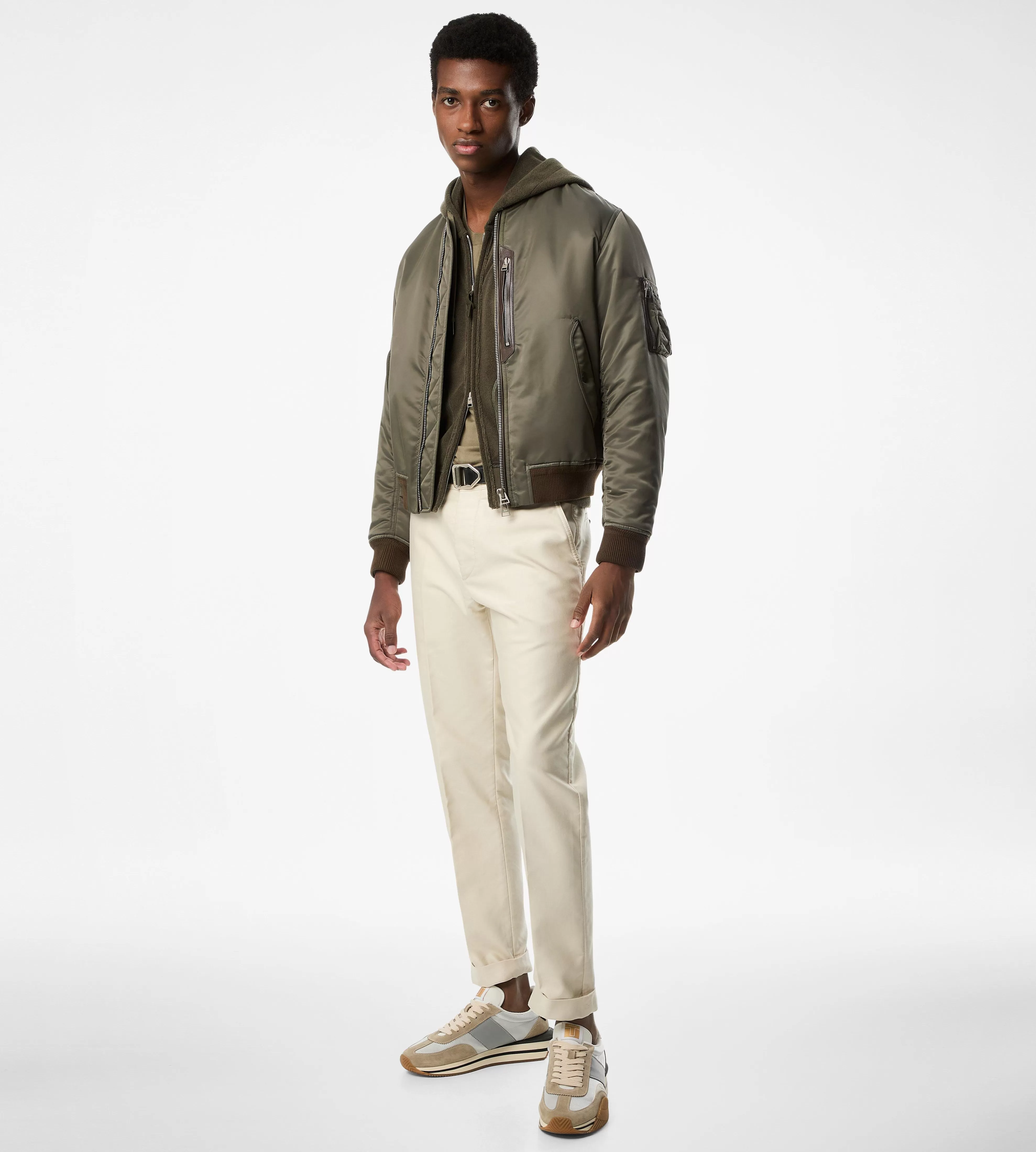 TOM FORD NYLON SHINY TWILL BOMBER MILITARY GREEN^MEN | MEN Outerwear | SPRING 24