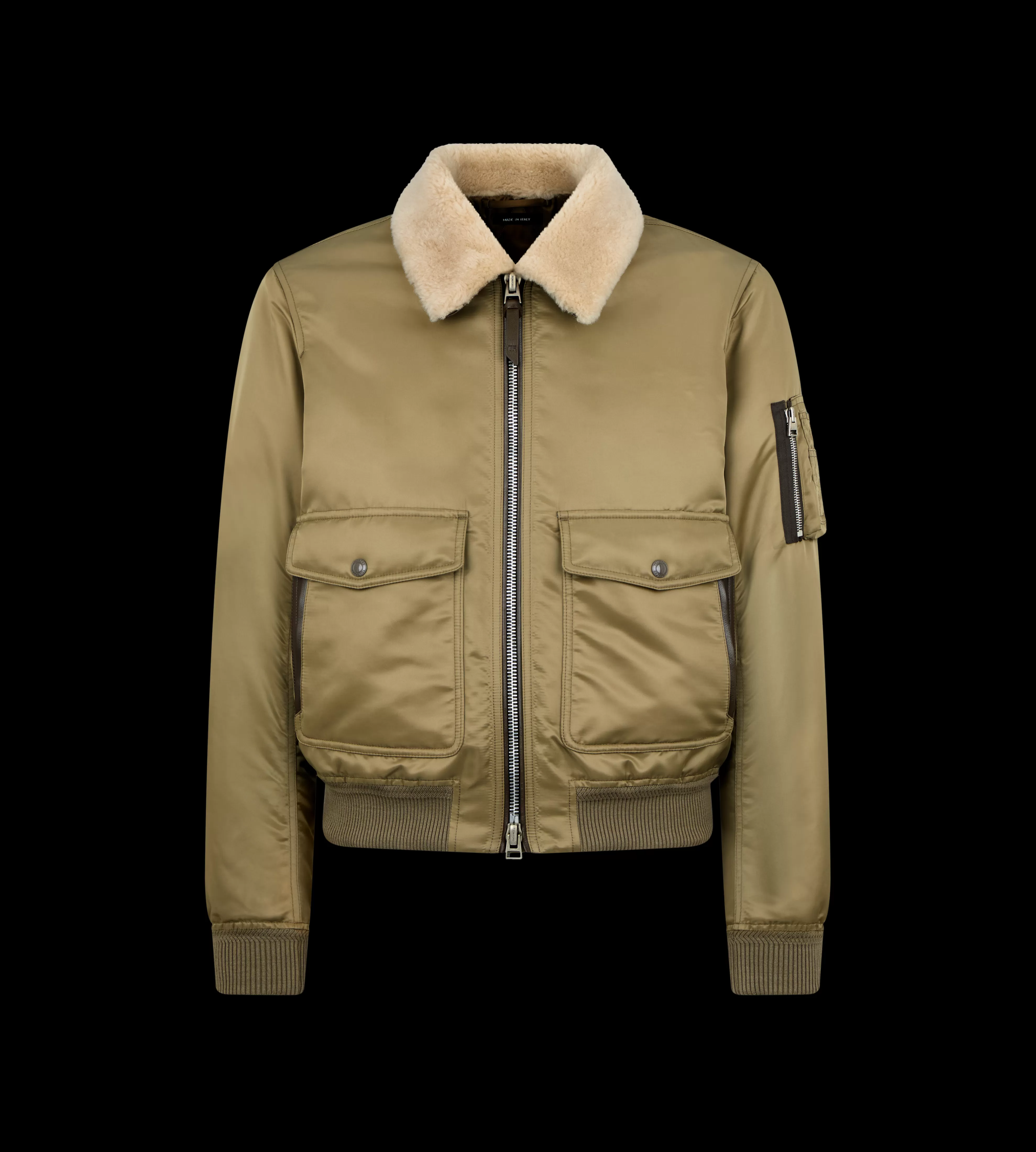 TOM FORD NYLON TWILL SHEARLING COLLAR FLIGHT BOMBER KHAKI^MEN | MEN Outerwear | SPRING 24