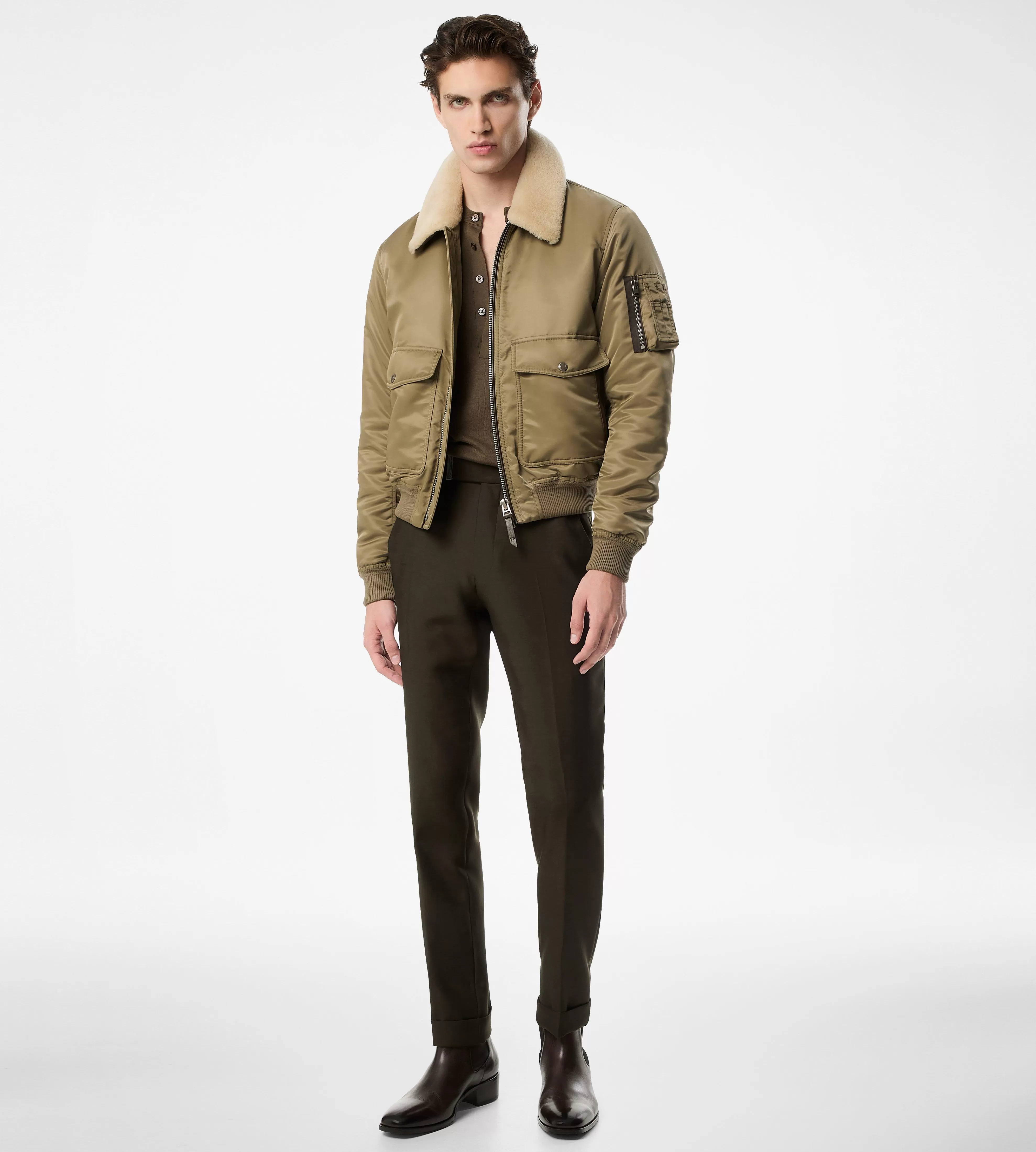 TOM FORD NYLON TWILL SHEARLING COLLAR FLIGHT BOMBER KHAKI^MEN | MEN Outerwear | SPRING 24