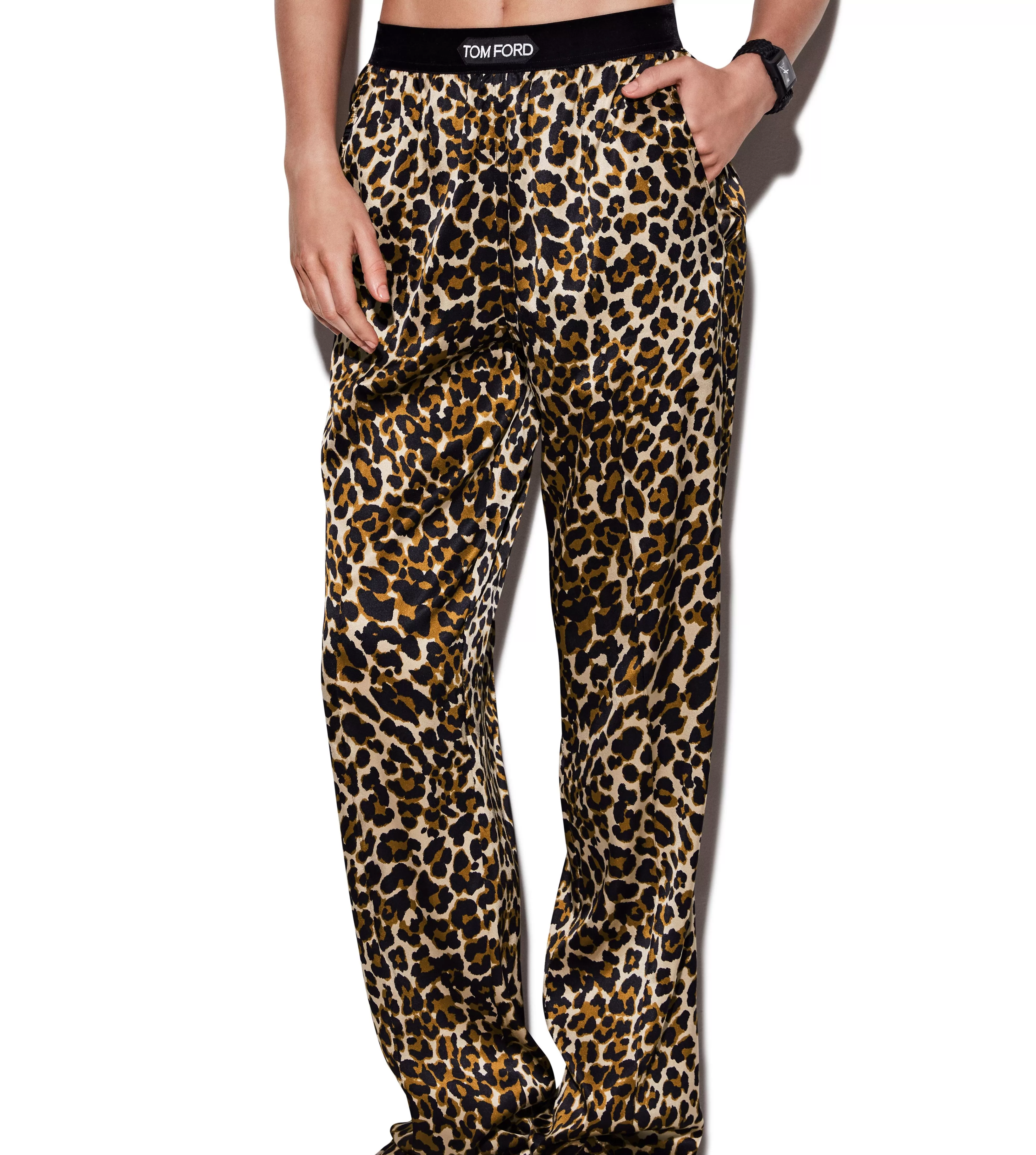 TOM FORD REFLECTED LEOPARD PATTERN SILK SATIN PJ PANTS BLACK + BEIGE^WOMEN Pajamas & Robes