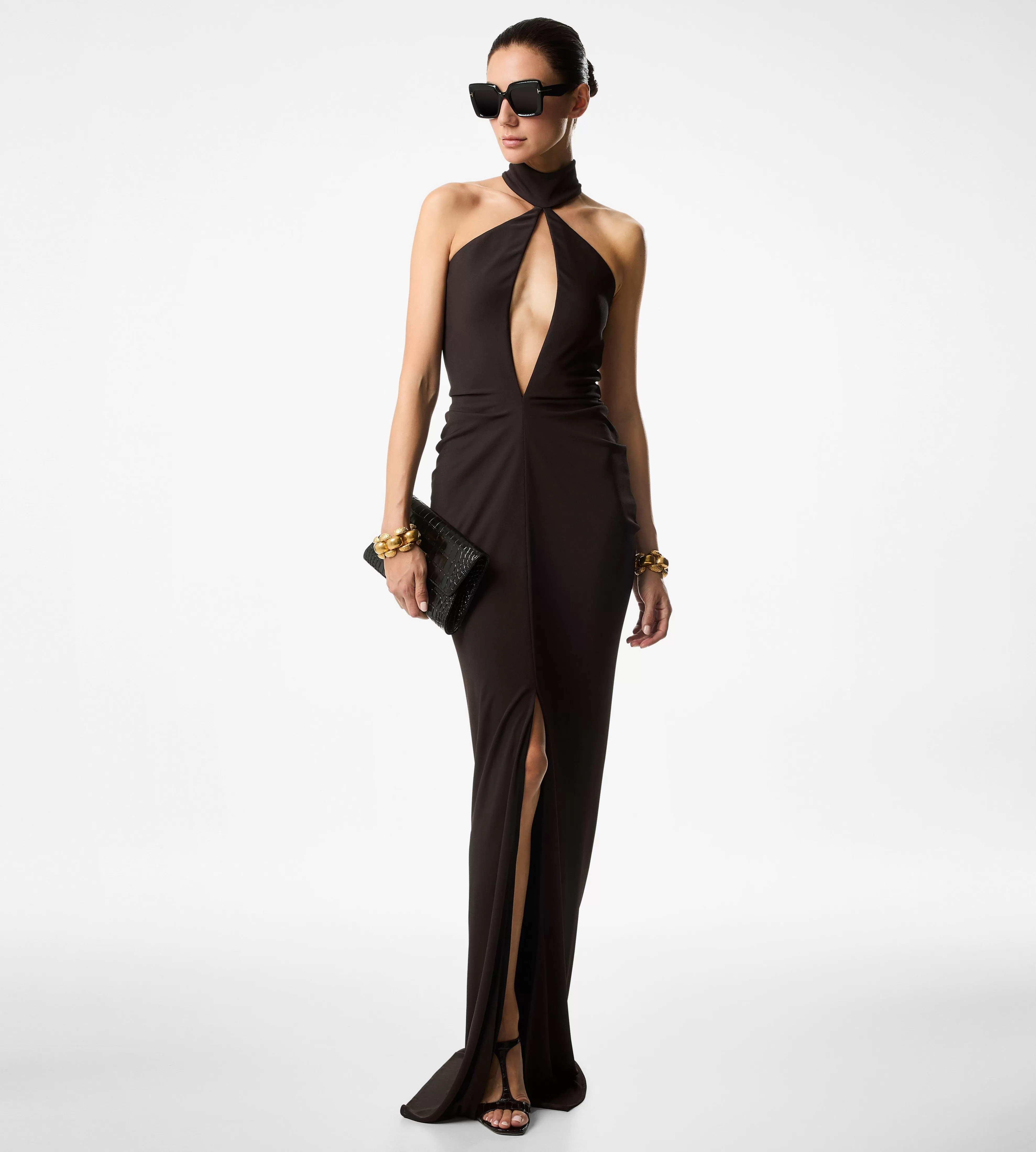 TOM FORD SABLE' JERSEY HALTERNECK EVENING DRESS DARK BROWN^WOMEN | WOMEN | WOMEN | WOMEN Evening | Dresses | JETSETTER EDIT | SPRING 24