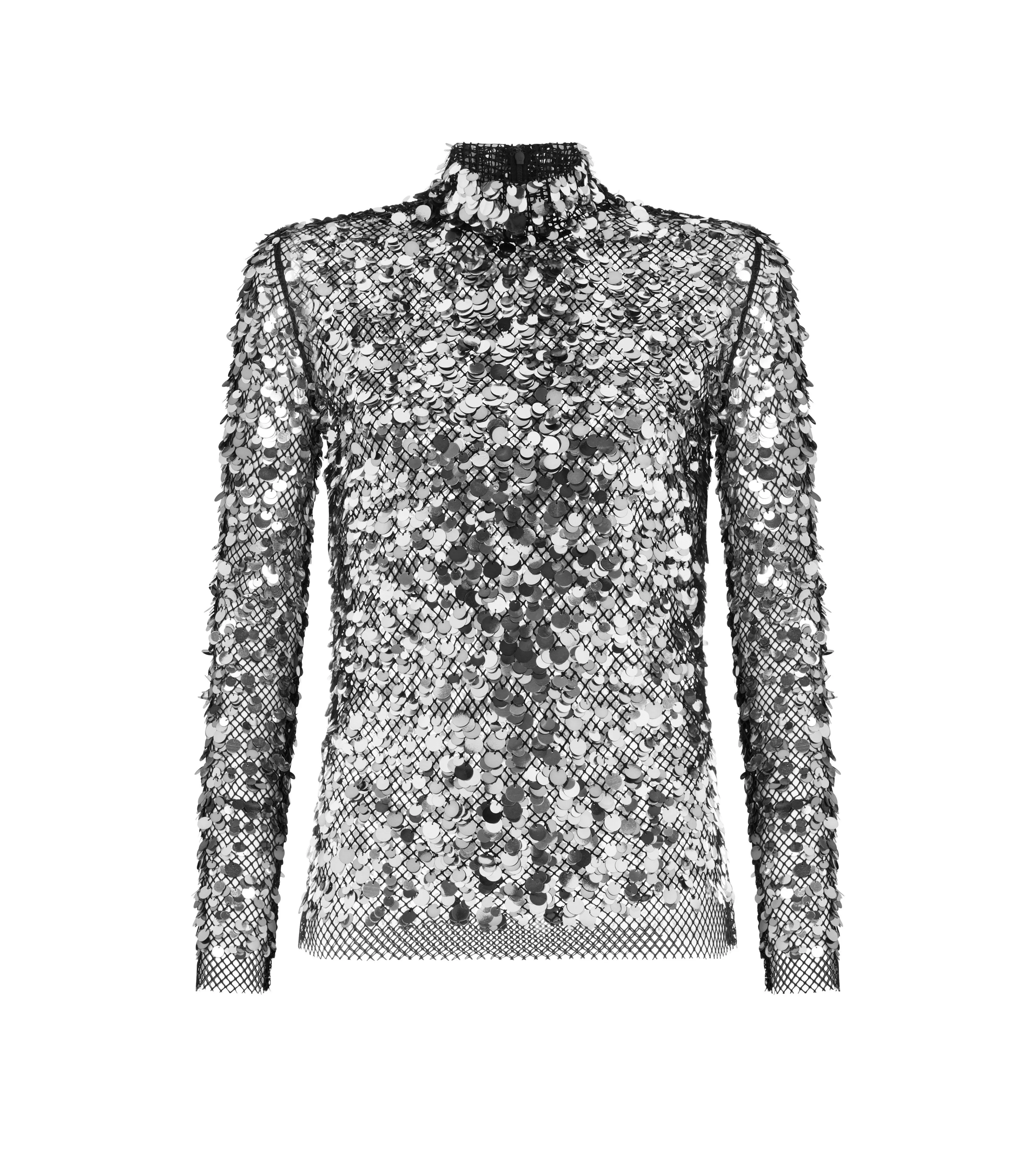 TOM FORD SEQUIN EMBROIDERED MESH MOCK NECK TOP SILVER GUNMETAL^WOMEN Tops