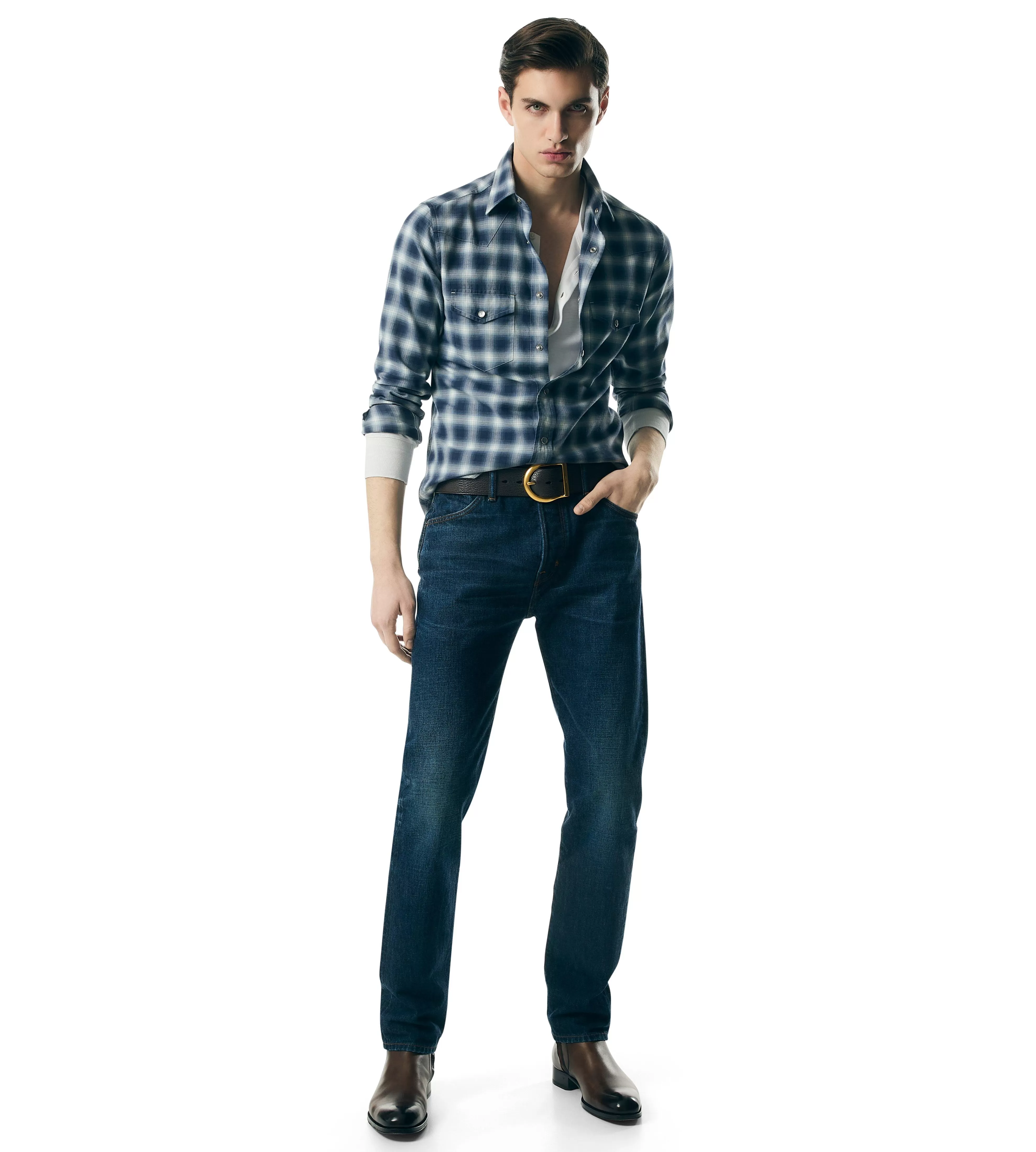 TOM FORD SHADOW CHECK WESTERN SHIRT COMBO DARK BLUE WHITE^MEN Shirts