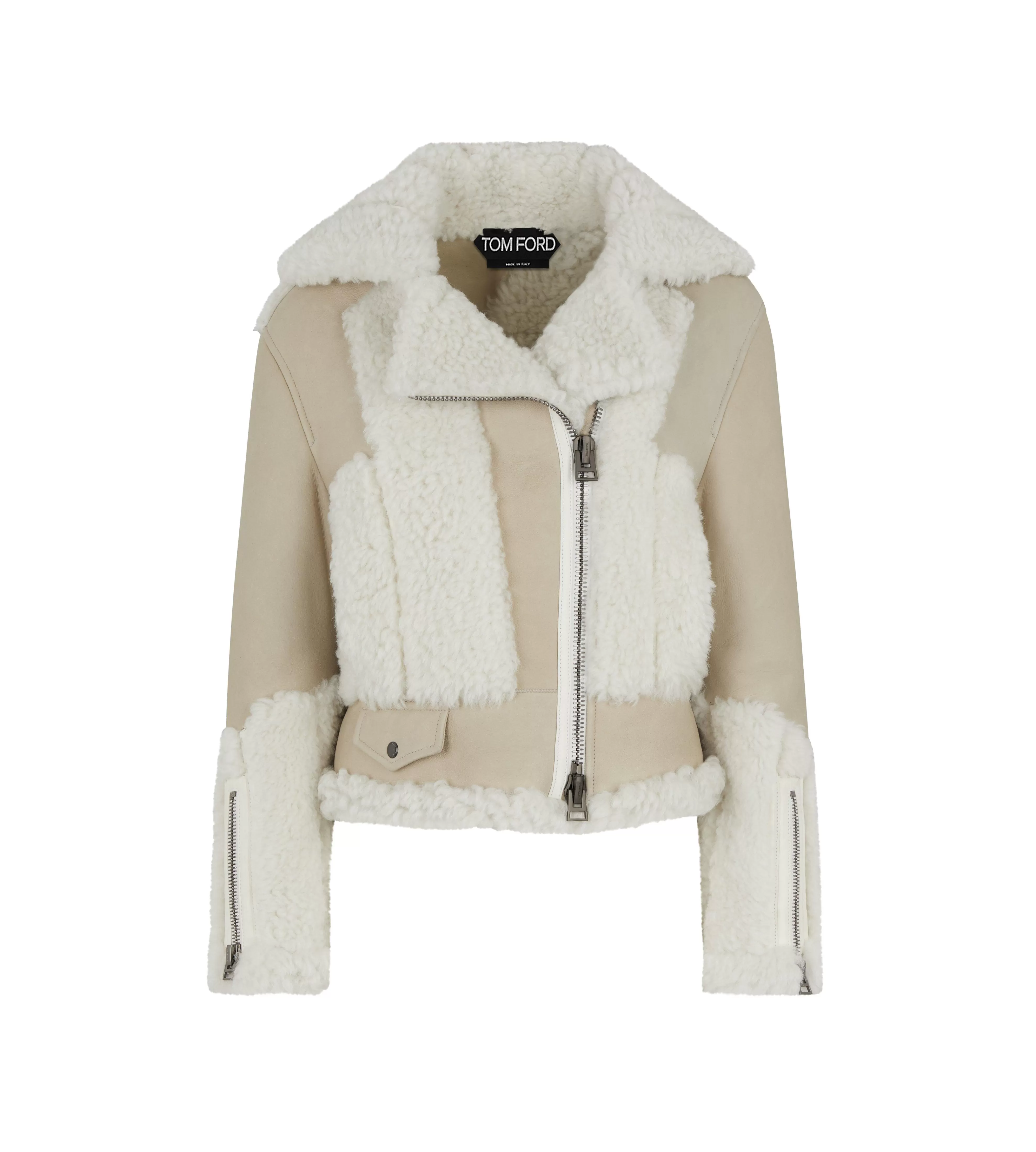 TOM FORD SHEARLING & LEATHER PATCHWORK BIKER JACKET CREAM WHITE^WOMEN Outerwear