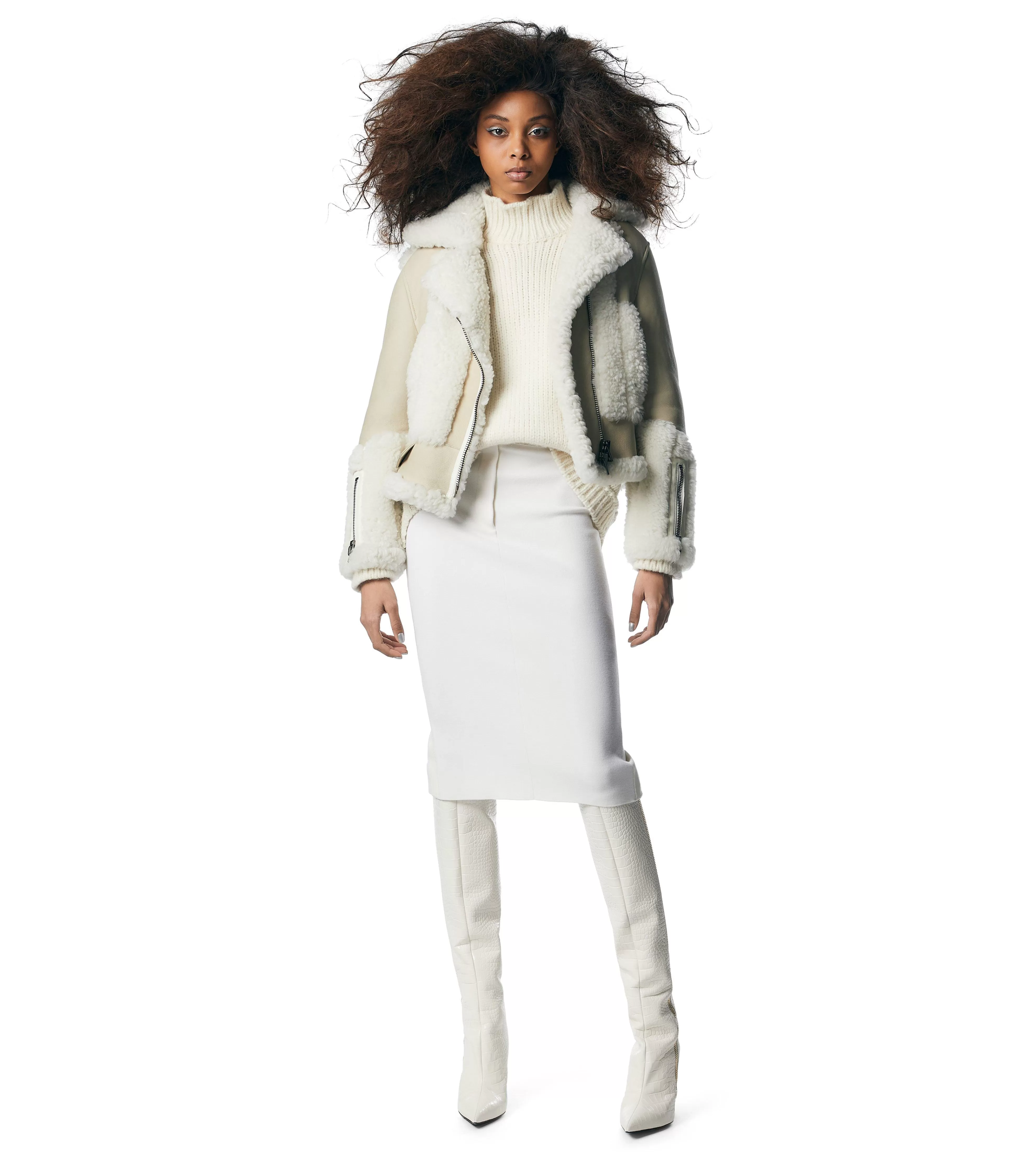 TOM FORD SHEARLING & LEATHER PATCHWORK BIKER JACKET CREAM WHITE^WOMEN Outerwear