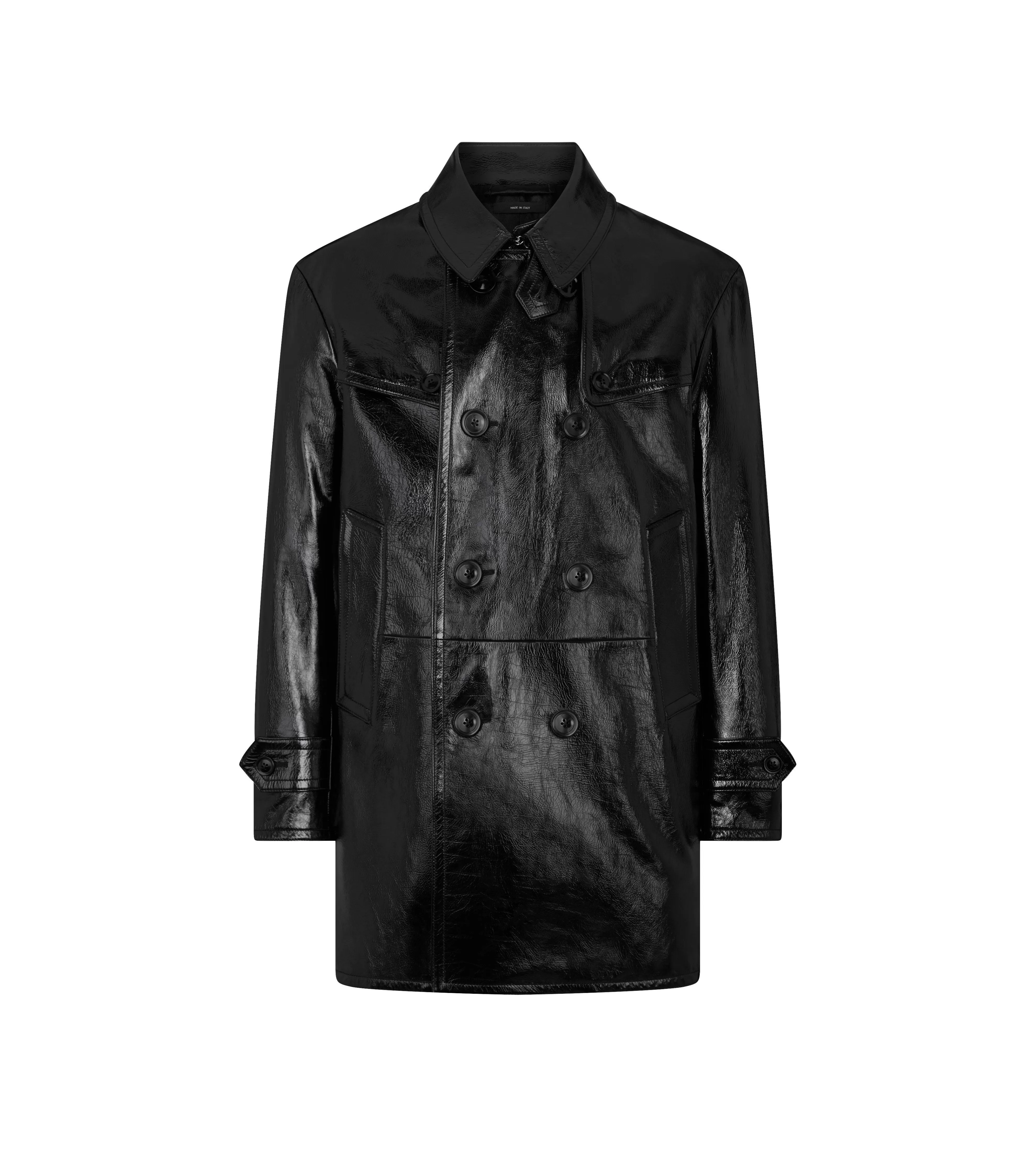 TOM FORD SHINY CRACKLED LEATHER SHORT TRENCH BLACK^MEN | MEN Outerwear | AUTUMN/WINTER 23