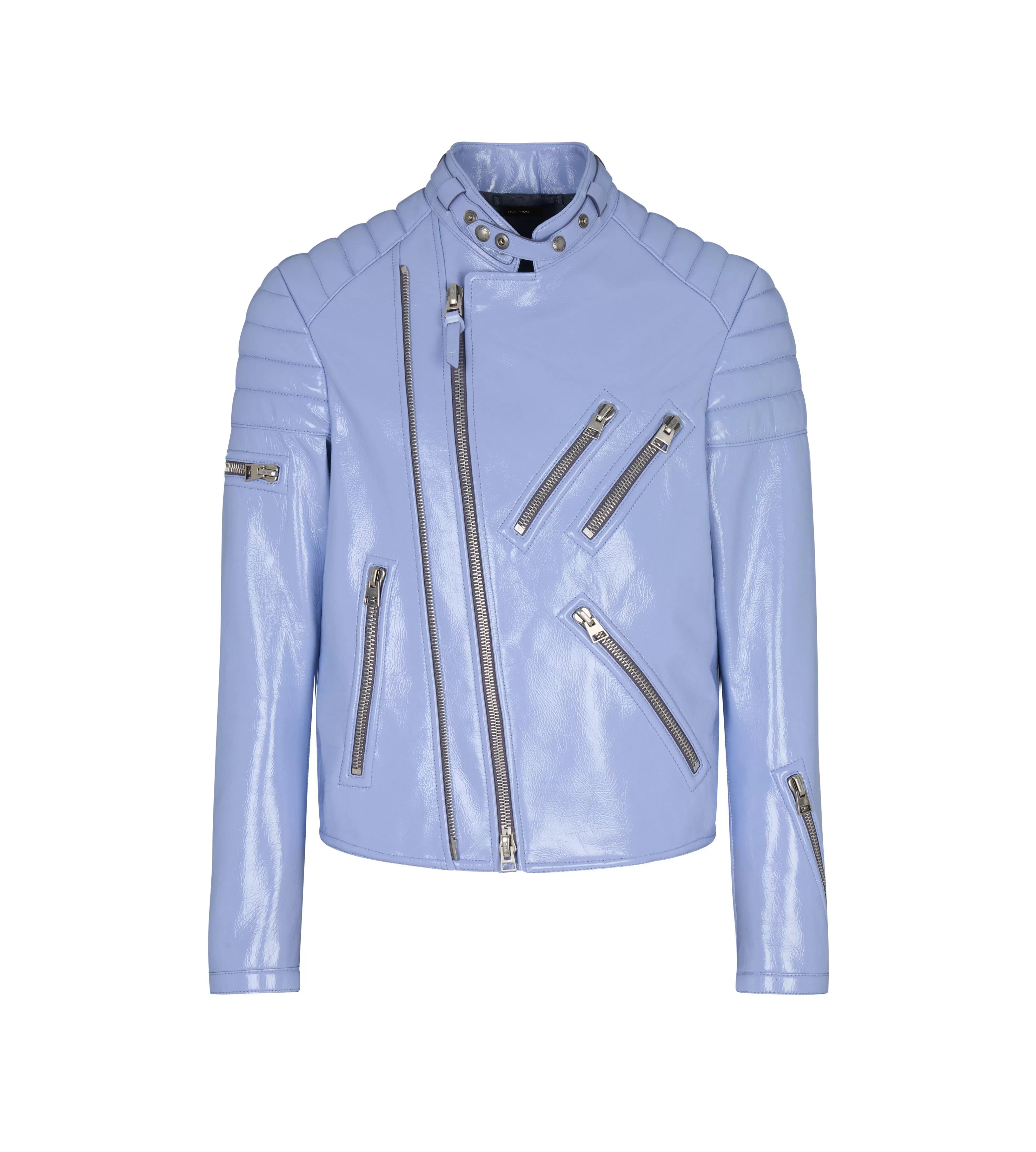 TOM FORD SHINY CRACKLED LEATHER ZIP BIKER PERIWINKLE^MEN | MEN Outerwear | AUTUMN/WINTER 23