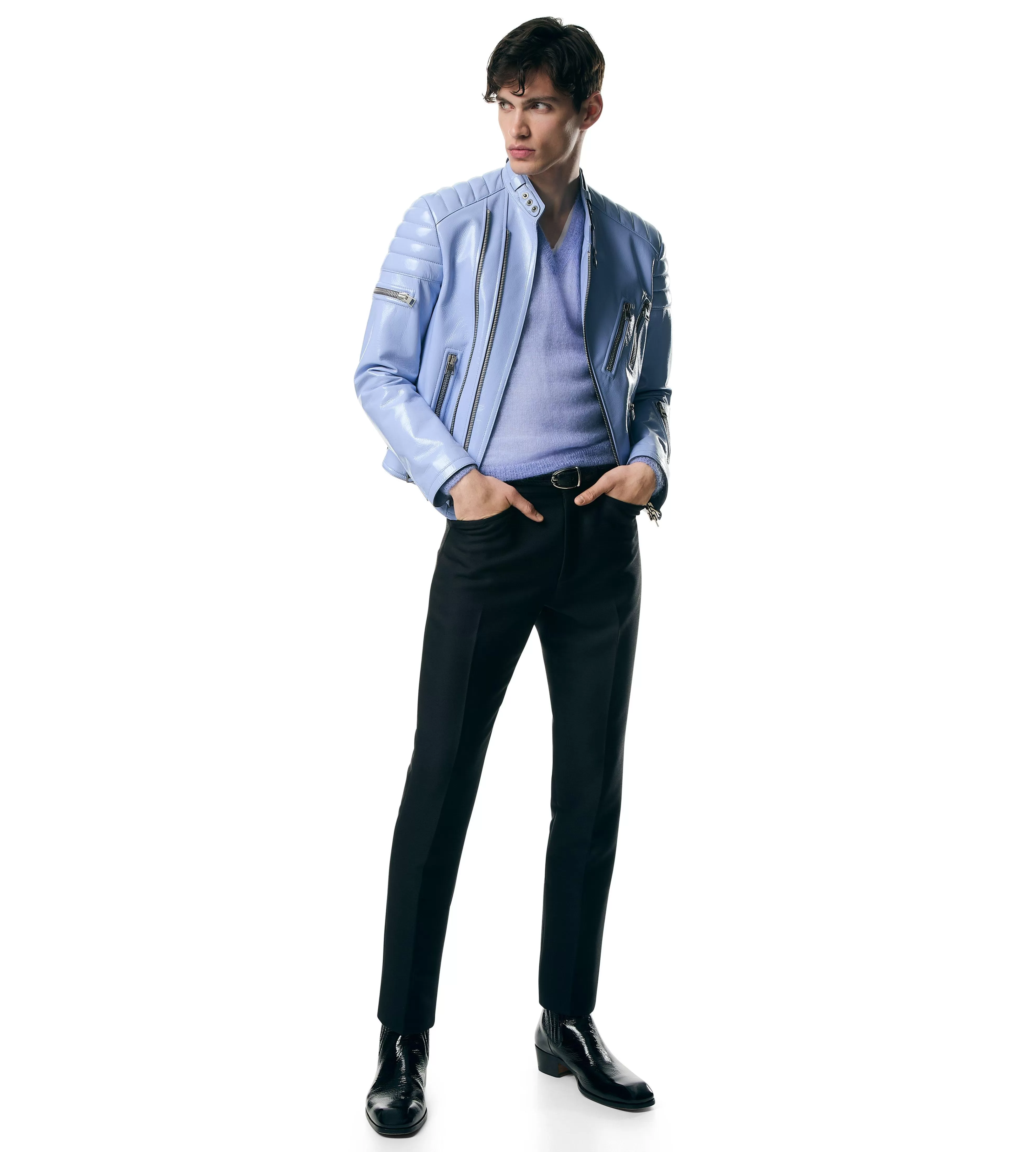 TOM FORD SHINY CRACKLED LEATHER ZIP BIKER PERIWINKLE^MEN | MEN Outerwear | AUTUMN/WINTER 23