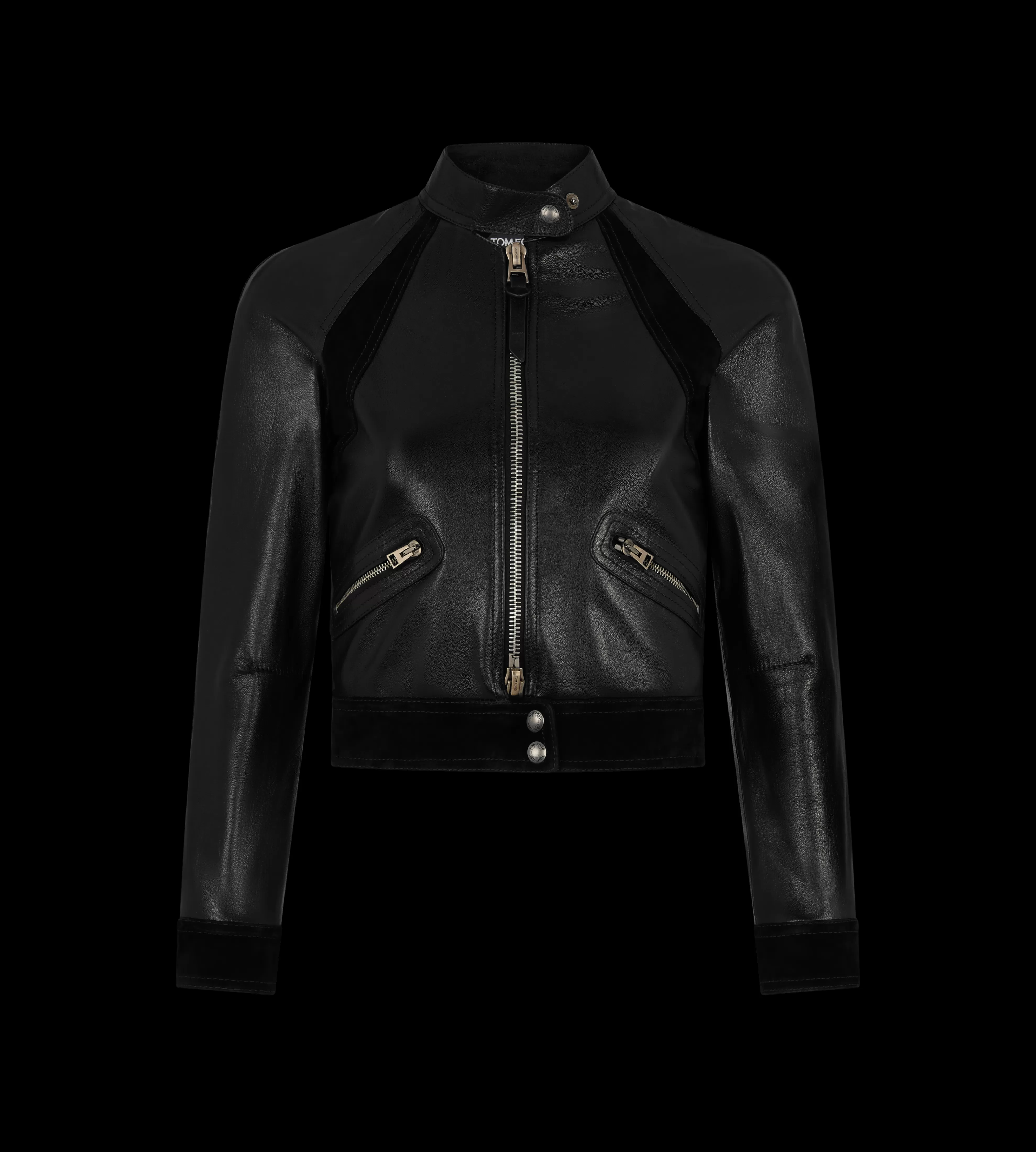 TOM FORD SHINY GOAT PLONGE' AND CASHMERE SUEDE CROPPED RACER JACKET BLACK^WOMEN | WOMEN Outerwear | SPRING 24