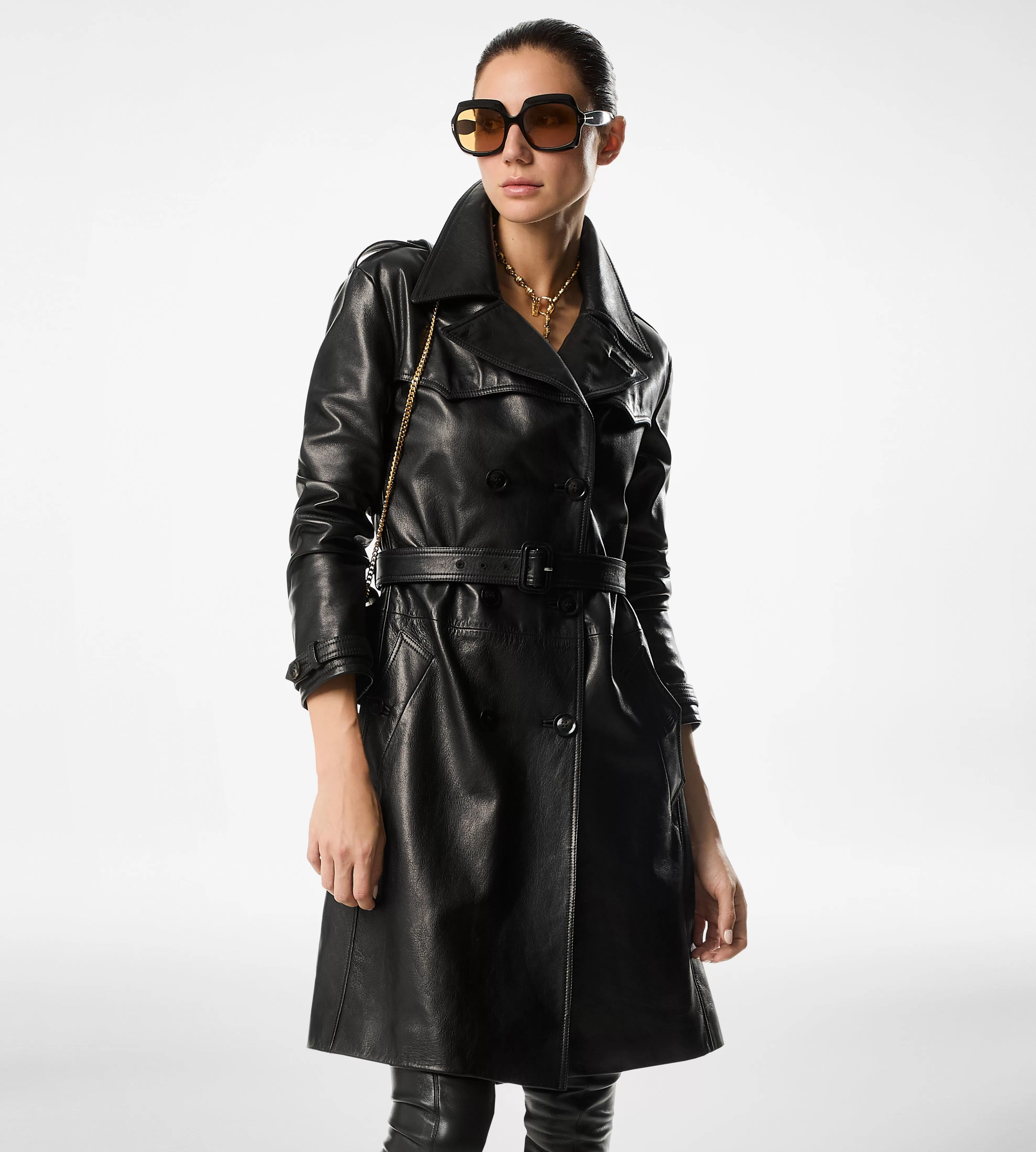 TOM FORD SHINY GOAT PLONGE' DOUBLE BREASTED TRENCH COAT BLACK^WOMEN | WOMEN Outerwear | SPRING 24