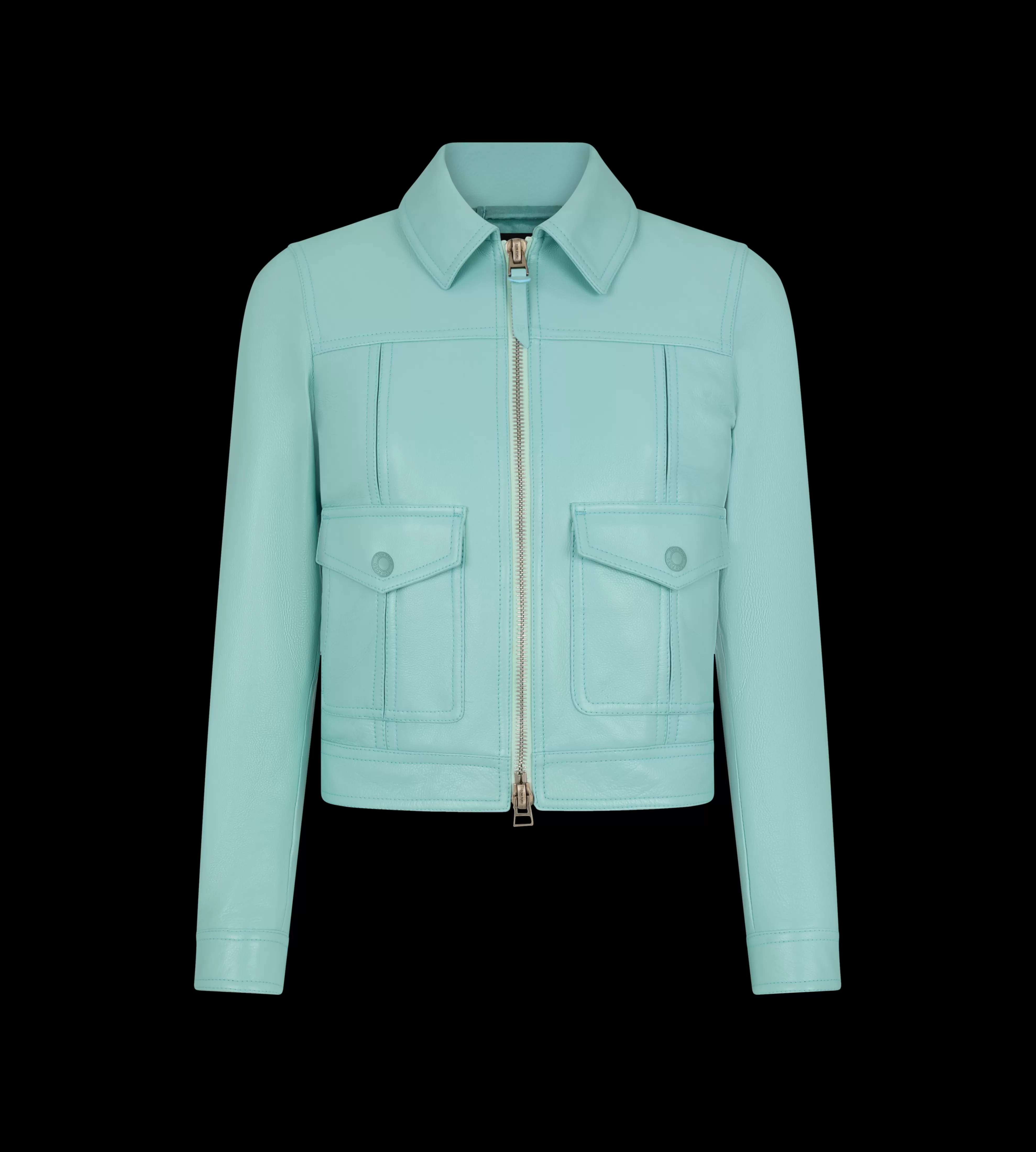 TOM FORD SHINY GRAINY CALF LEATHER BLOUSON HARBOR BLUE^WOMEN SPRING 24