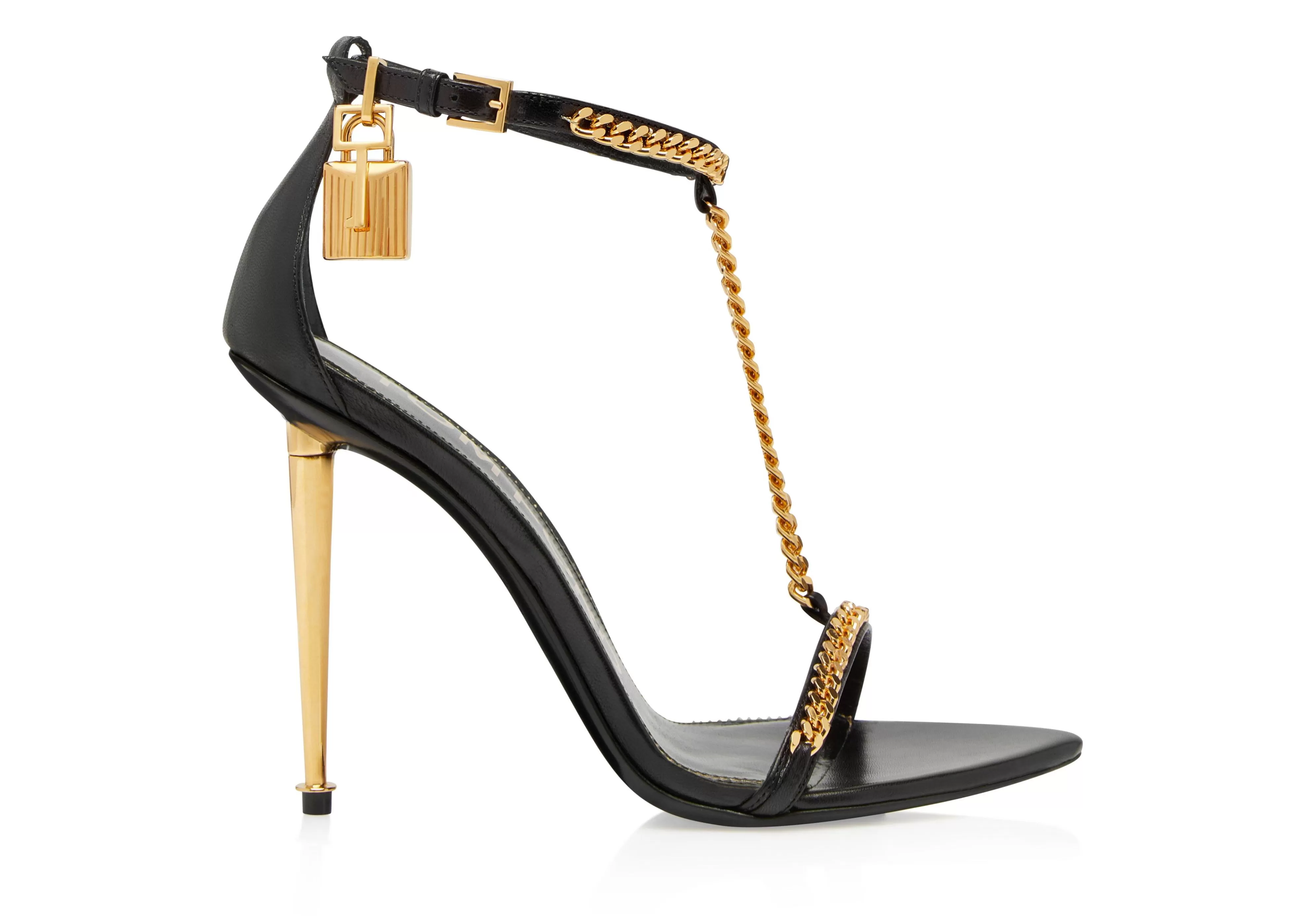 TOM FORD SHINY LEATHER PADLOCK CHAIN POINTY NAKED SANDAL BLACK^WOMEN | WOMEN Sandals | The Padlock