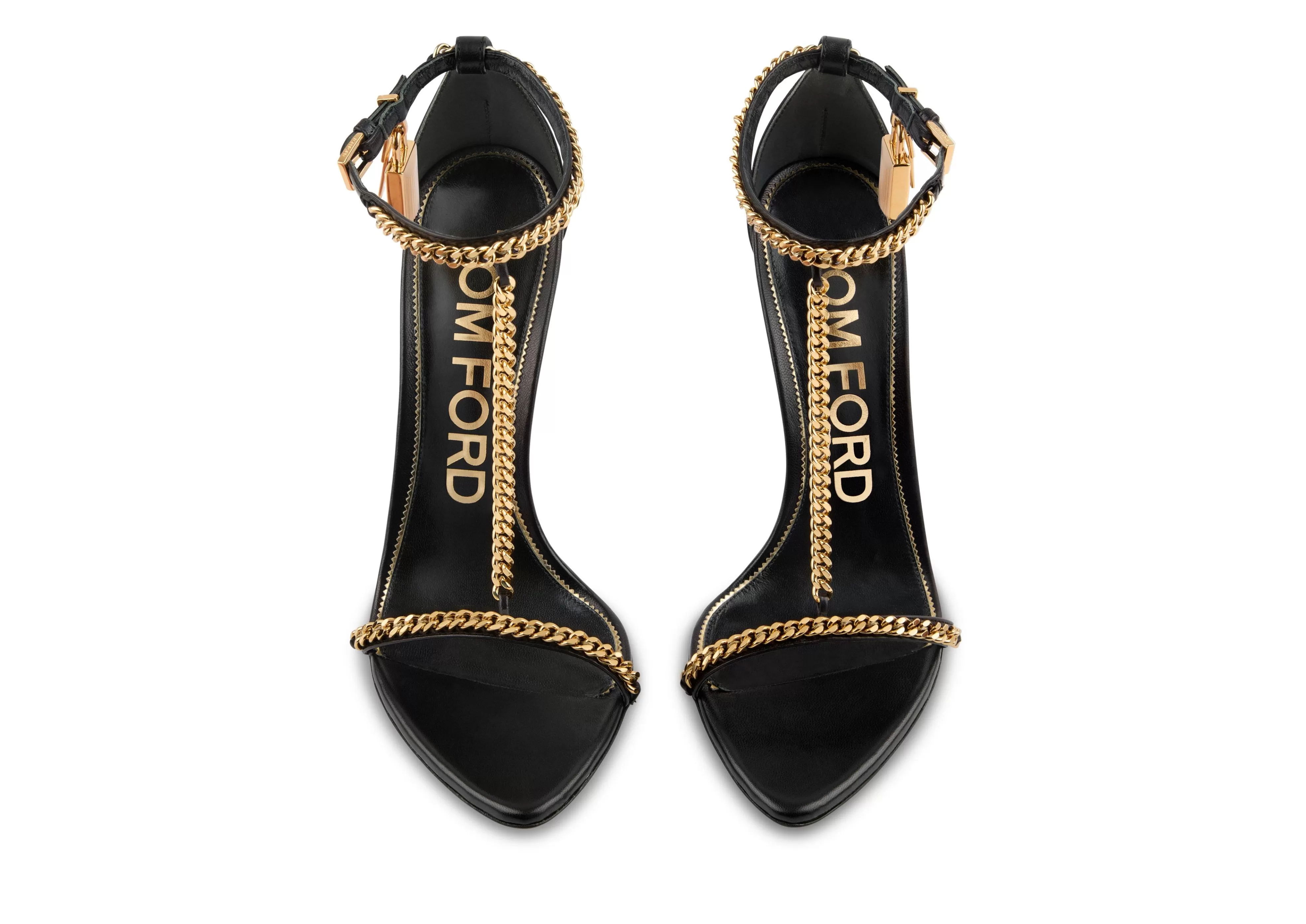 TOM FORD SHINY LEATHER PADLOCK CHAIN POINTY NAKED SANDAL BLACK^WOMEN | WOMEN Sandals | The Padlock