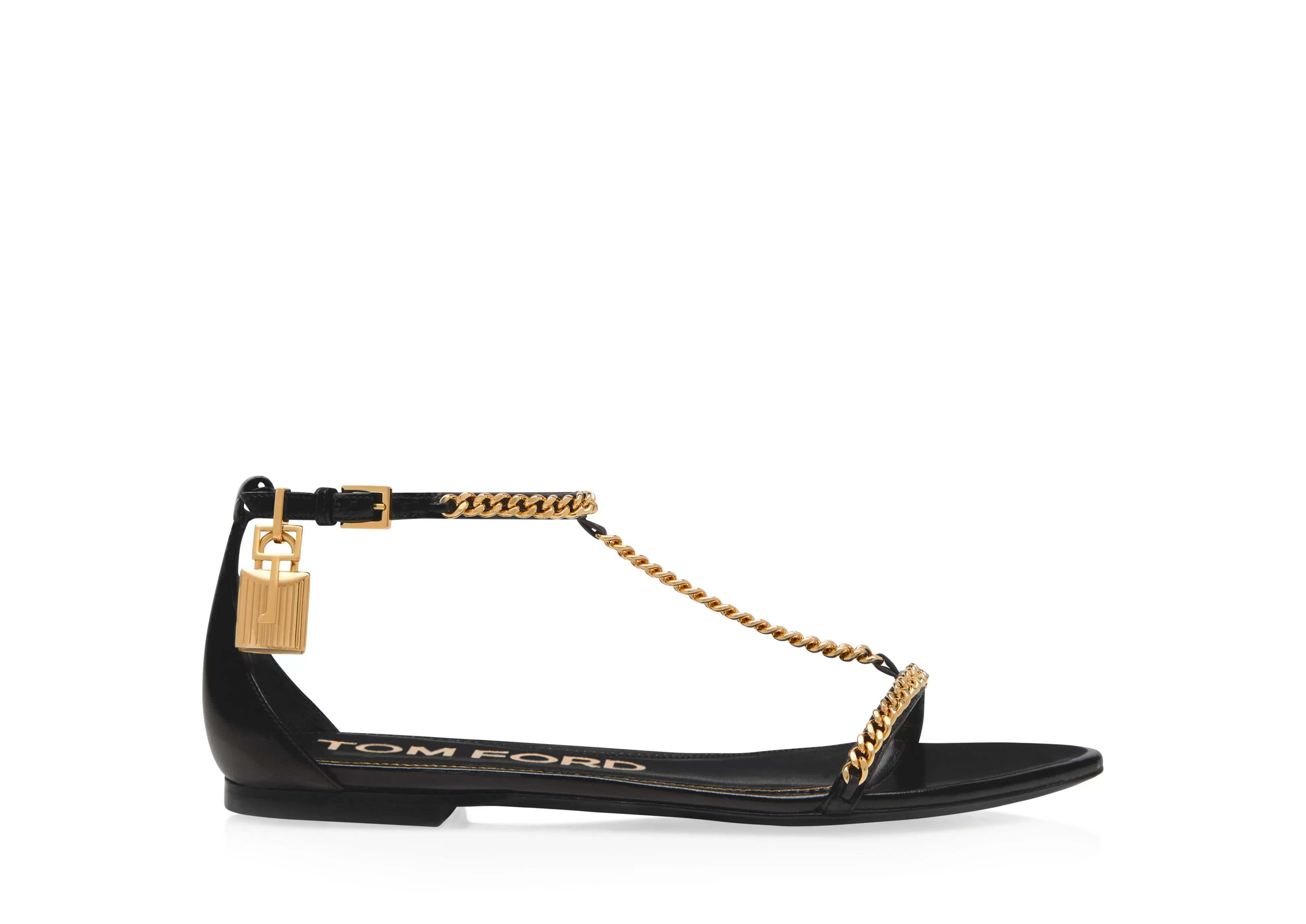 TOM FORD SHINY LEATHER PADLOCK CHAIN SANDAL BLACK^WOMEN | WOMEN | WOMEN Flats | Sandals | The Padlock