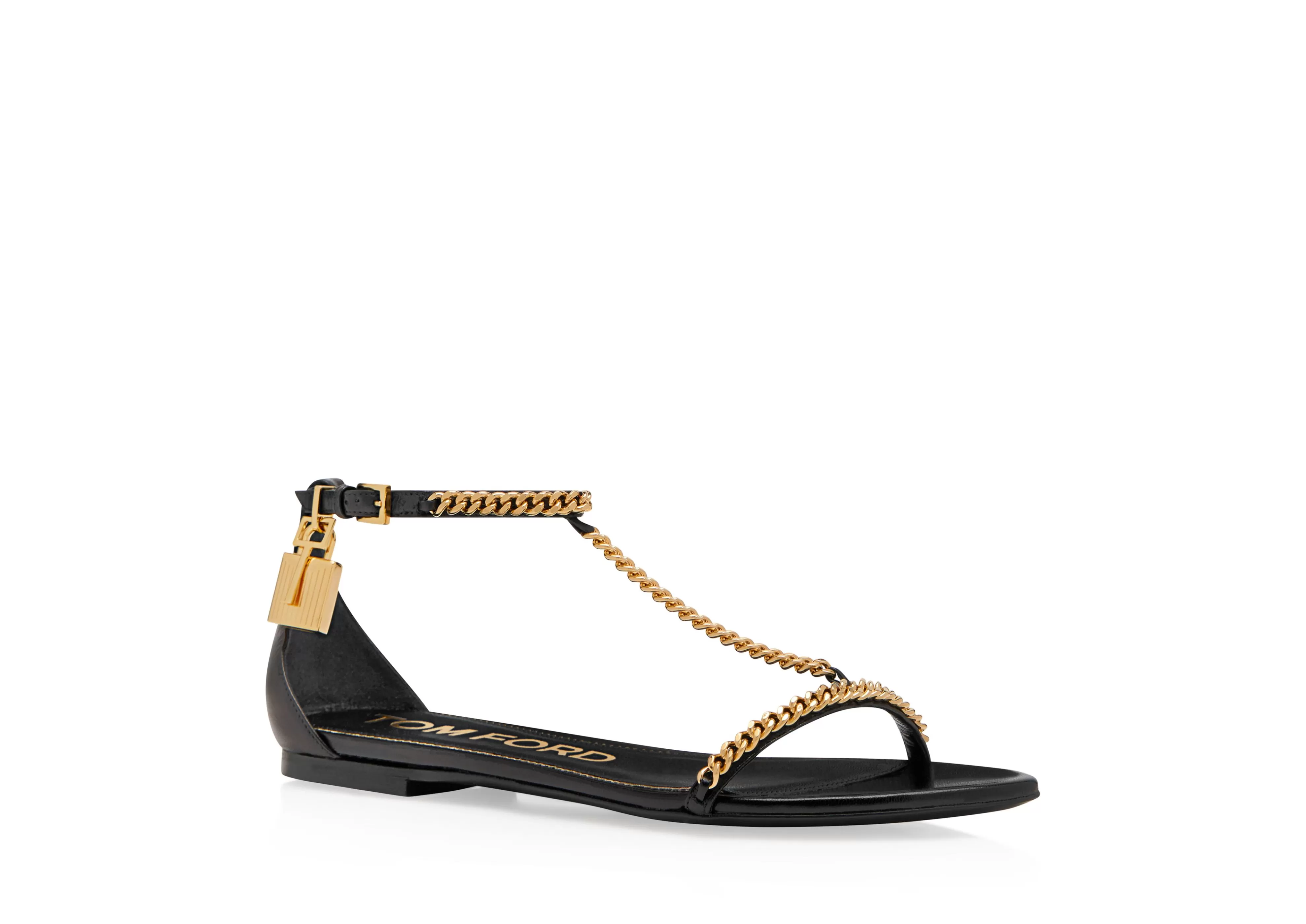 TOM FORD SHINY LEATHER PADLOCK CHAIN SANDAL BLACK^WOMEN | WOMEN | WOMEN Flats | Sandals | The Padlock