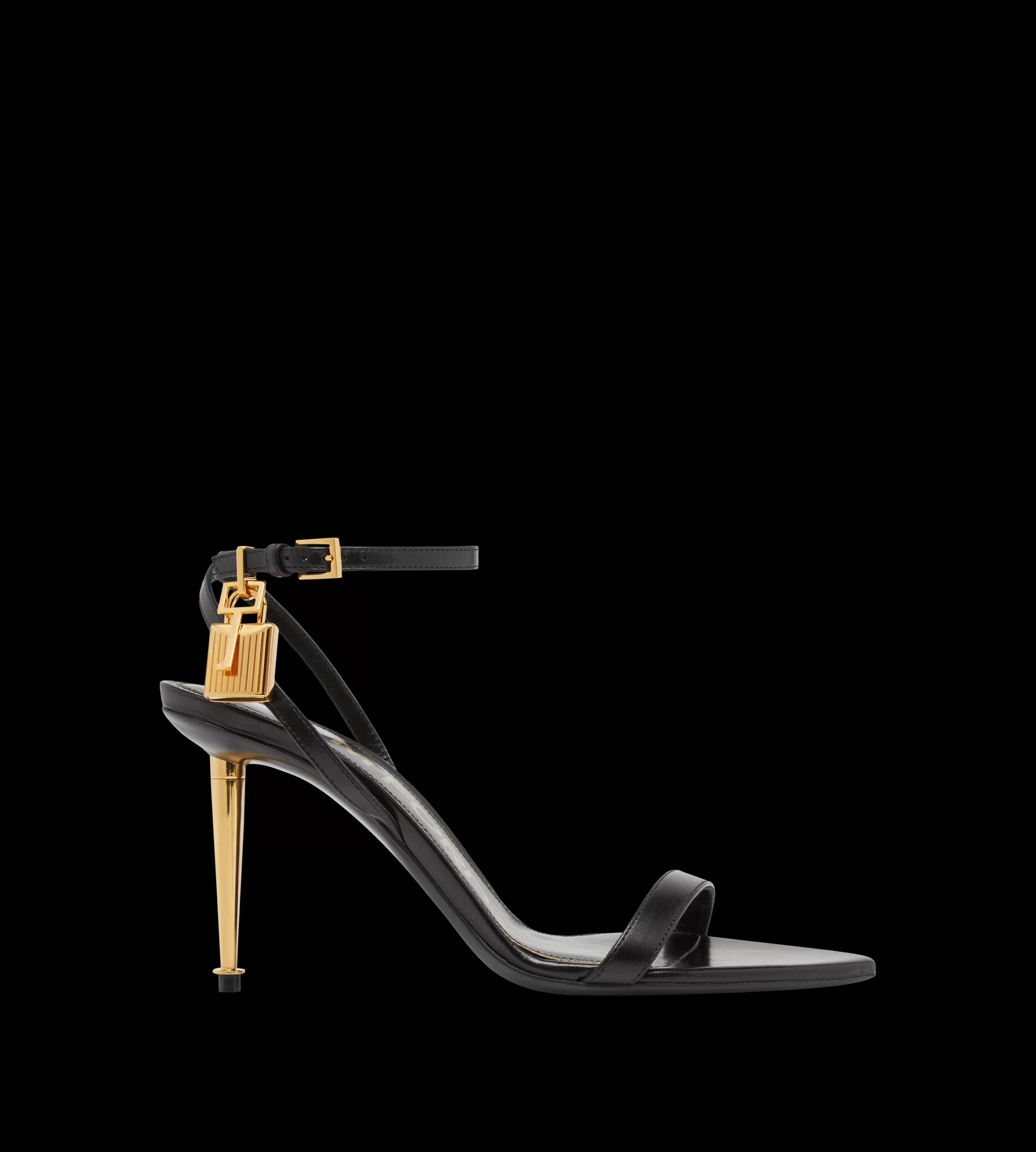 TOM FORD SHINY LEATHER PADLOCK POINTY NAKED SANDAL 85MM BLACK^WOMEN | WOMEN | WOMEN Sandals | The Padlock | SPRING 24