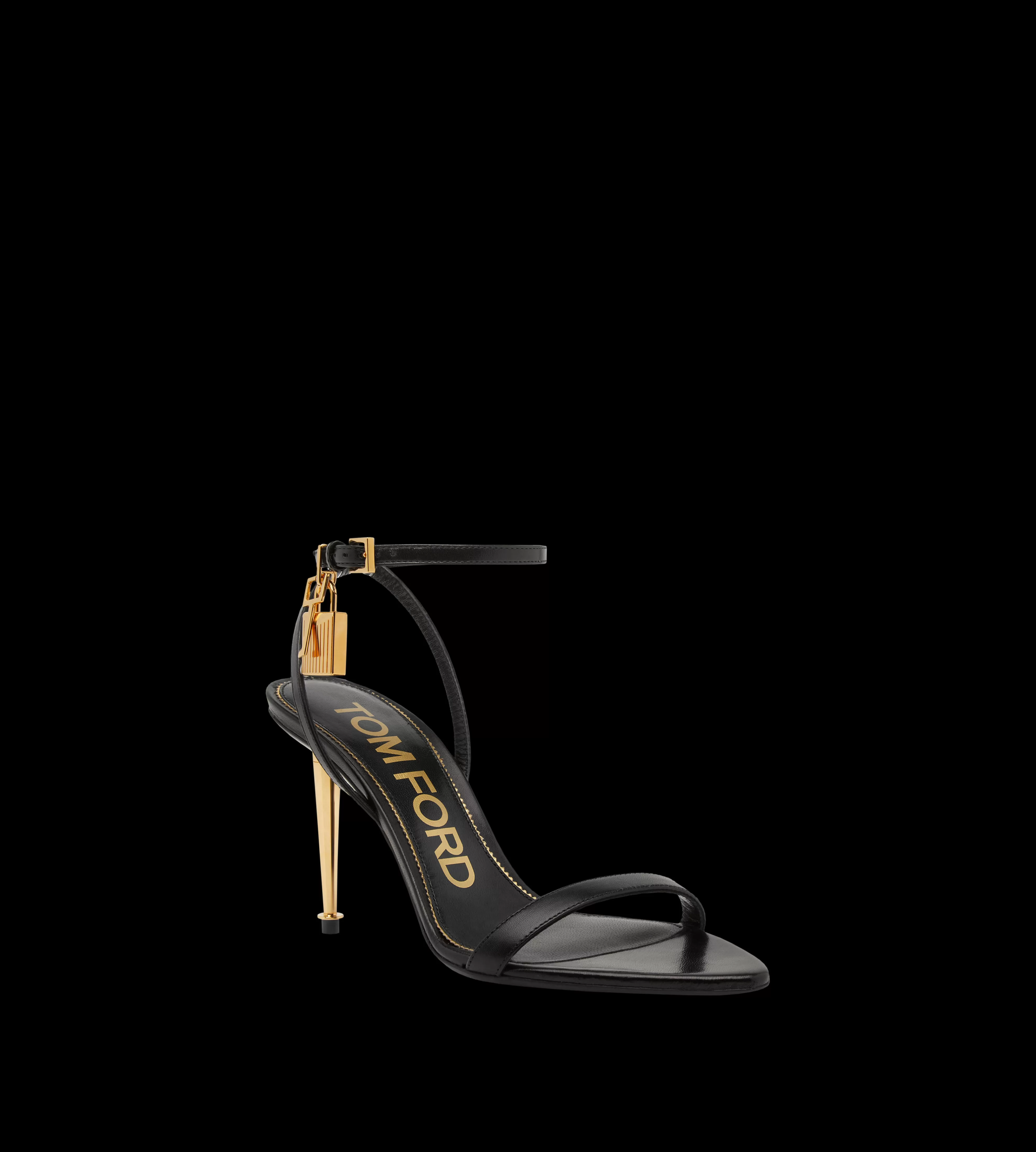 TOM FORD SHINY LEATHER PADLOCK POINTY NAKED SANDAL 85MM BLACK^WOMEN | WOMEN | WOMEN Sandals | The Padlock | SPRING 24