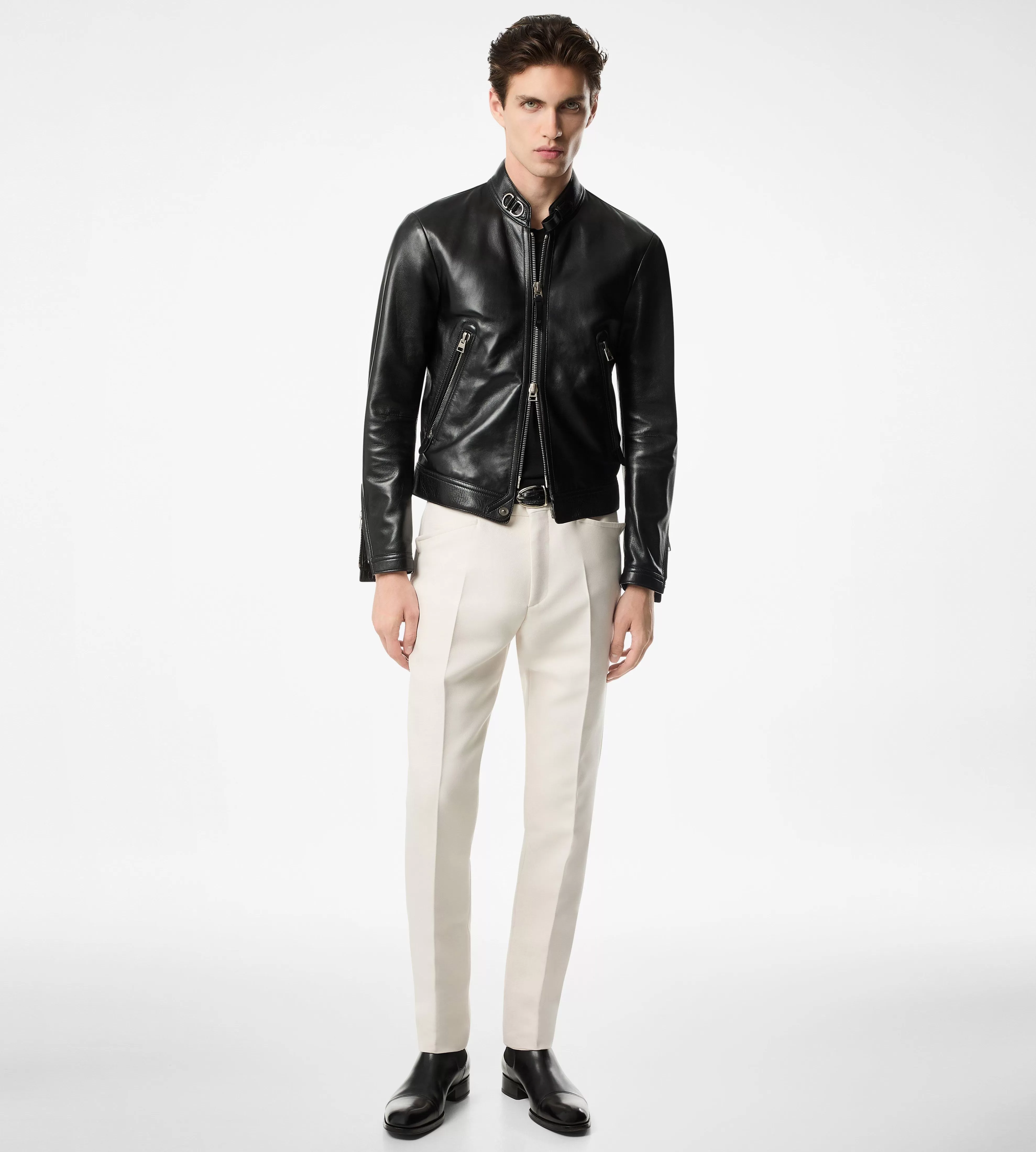 TOM FORD SHINY NAPPA PLONGE CAFE BIKER BLACK^MEN | MEN Outerwear | SPRING 24