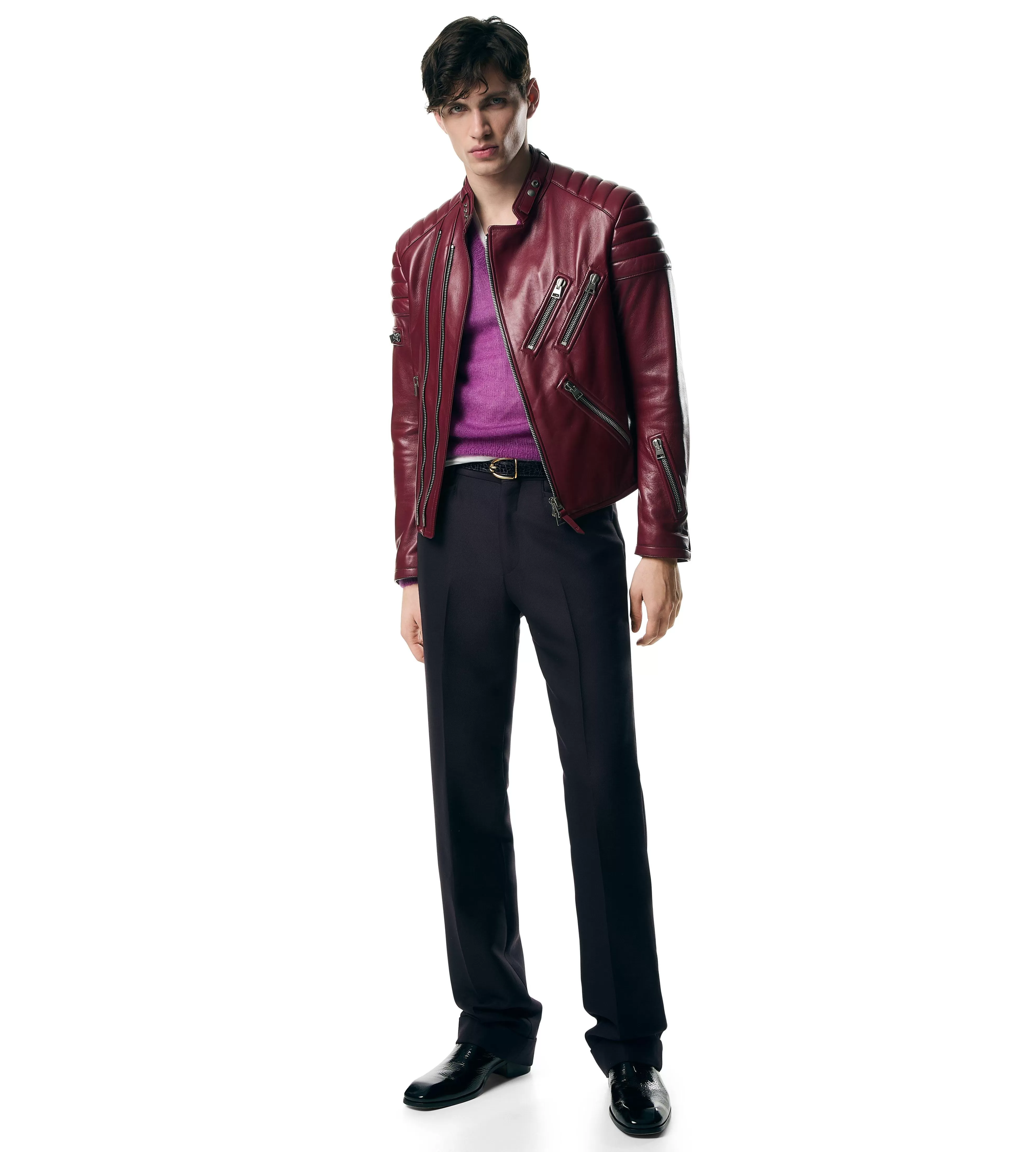 TOM FORD SHINY NAPPA PLONGE ZIP BIKER SUNDRIED TOMATO^MEN | MEN Outerwear | AUTUMN/WINTER 23