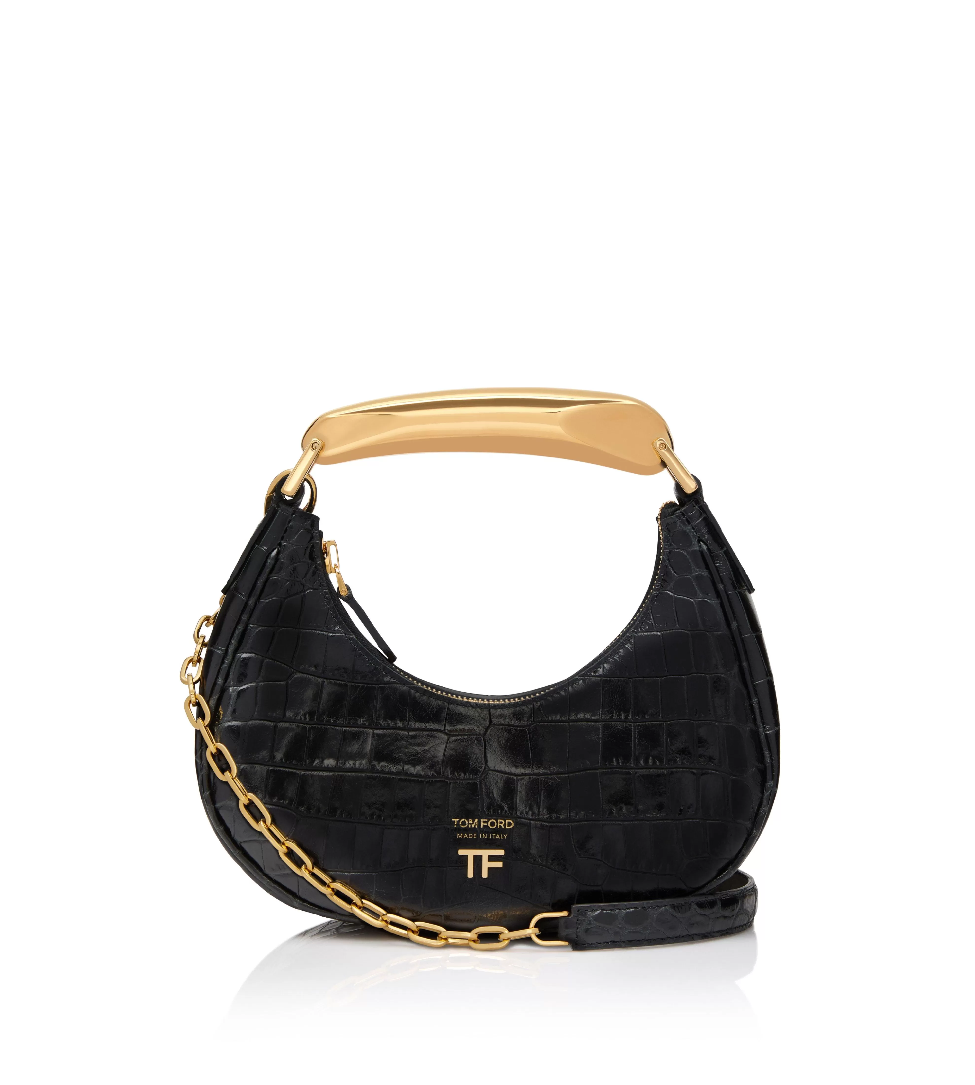 TOM FORD SHINY STAMPED CROCODILE LEATHER BIANCA MINI HOBO BLACK^WOMEN Shoulder Bags