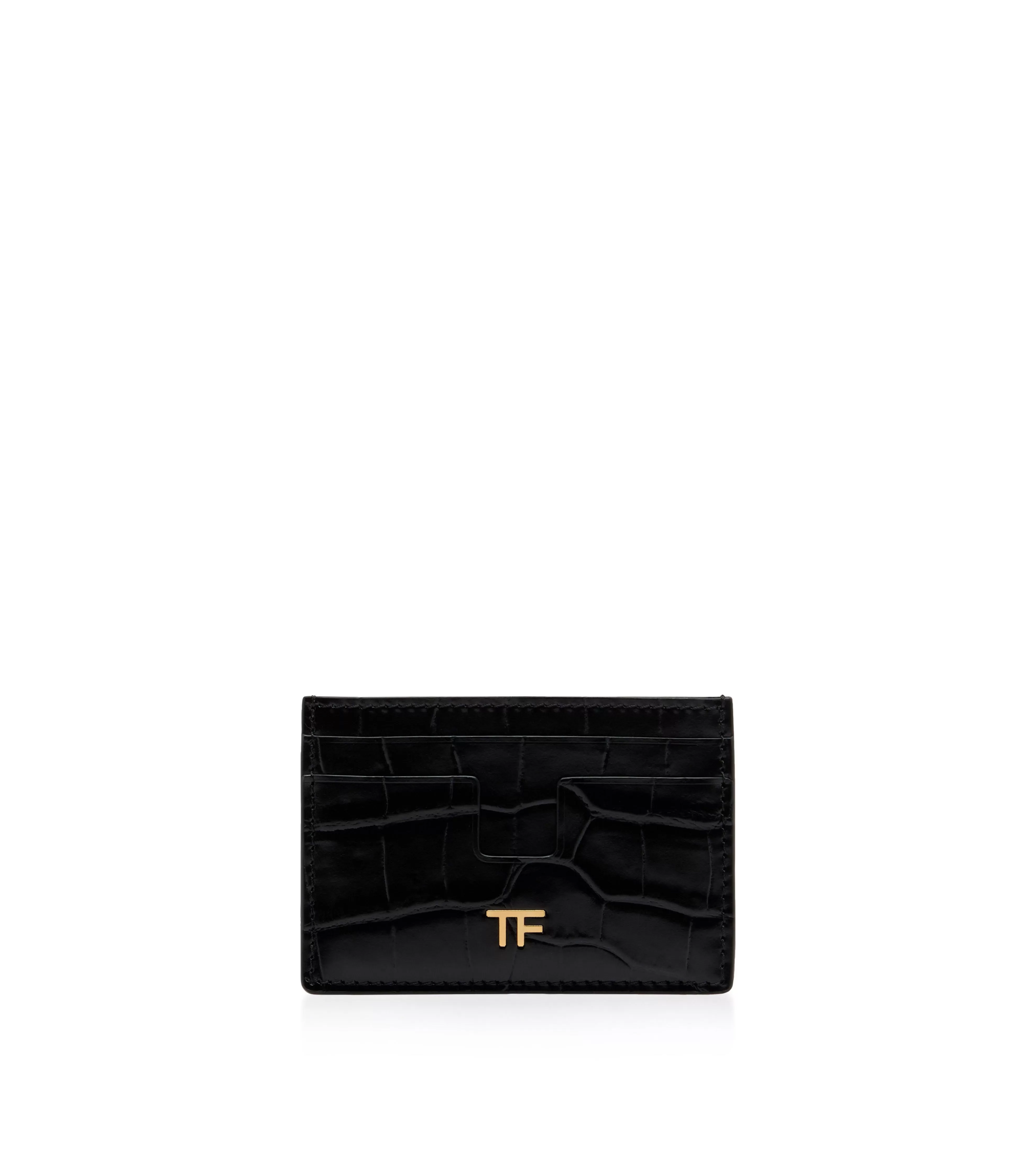 TOM FORD SHINY STAMPED CROCODILE LEATHER CLASSIC TF CARD HOLDER BLACK^WOMEN Small Leather Goods