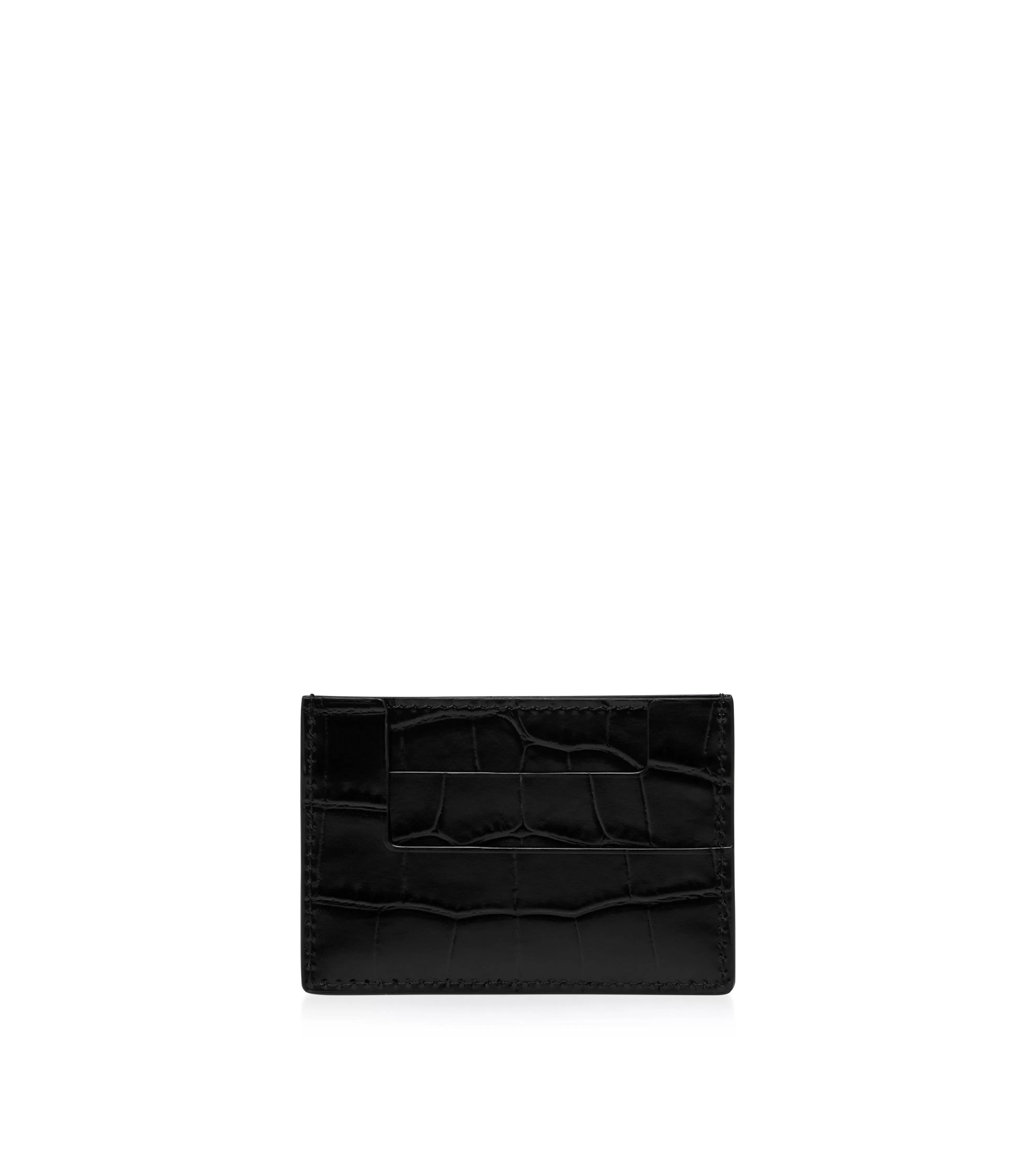 TOM FORD SHINY STAMPED CROCODILE LEATHER CLASSIC TF CARD HOLDER BLACK^WOMEN Small Leather Goods