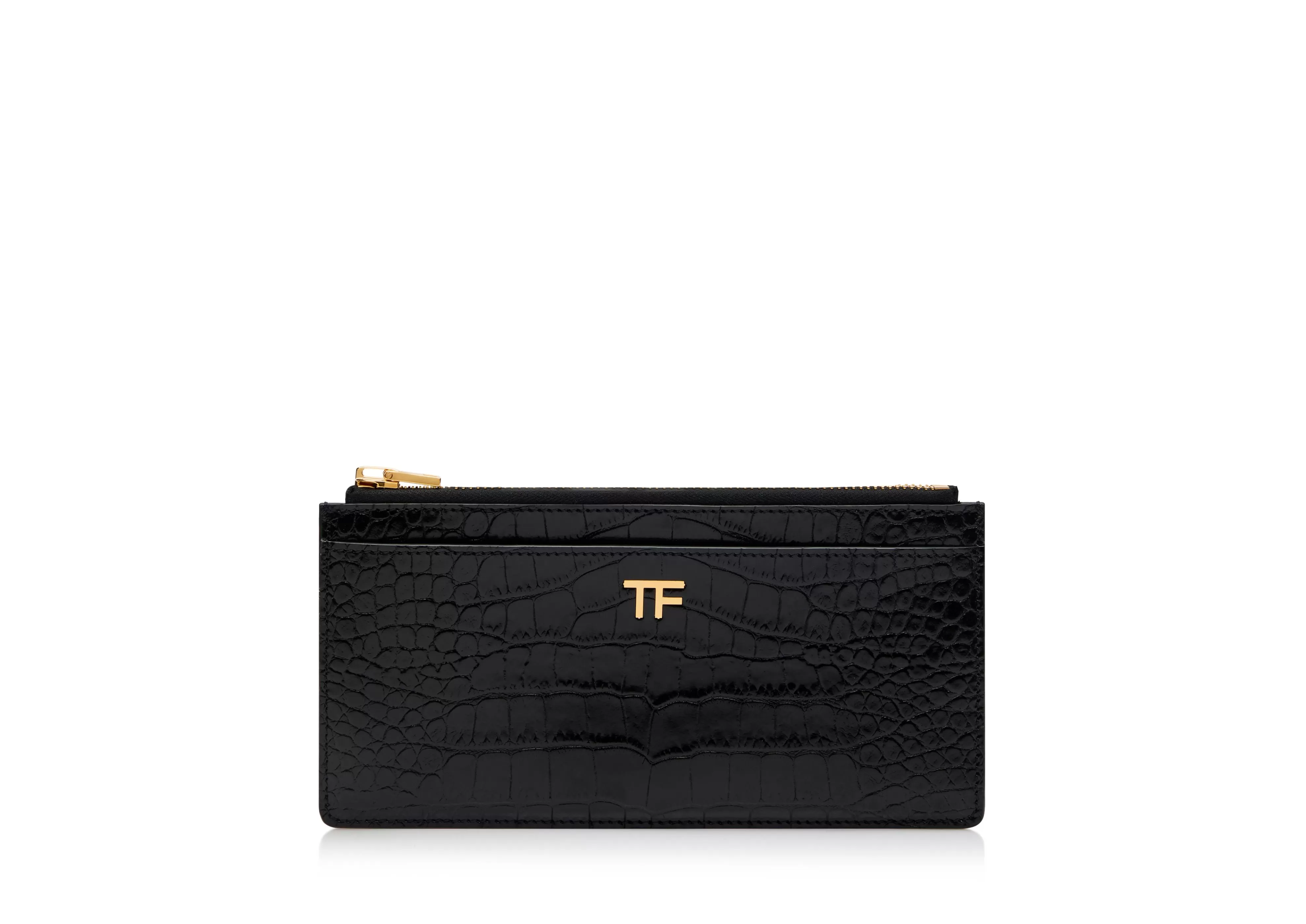 TOM FORD SHINY STAMPED CROCODILE LEATHER CLASSIC TF MULTIFUNCTIONAL WALLET BLACK^WOMEN Small Leather Goods