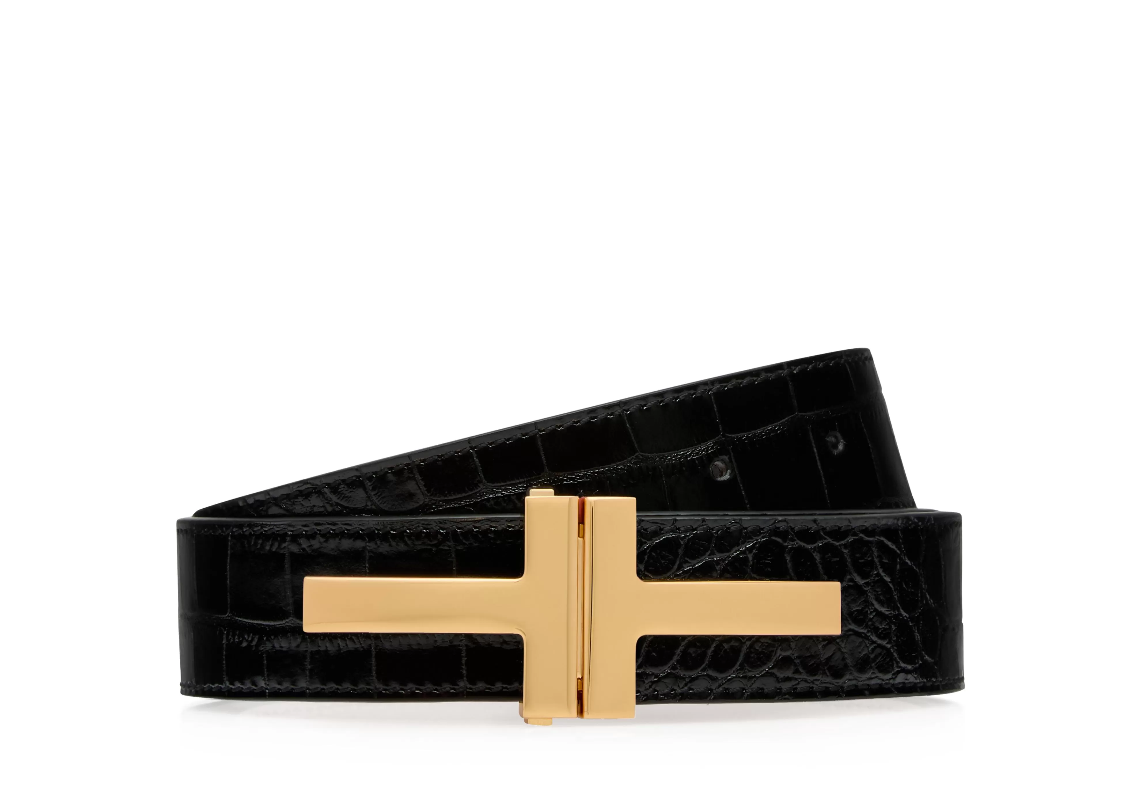 TOM FORD SHINY STAMPED CROCODILE LEATHER DOUBLE T BELT BLACK^WOMEN | WOMEN Belts | Accessories