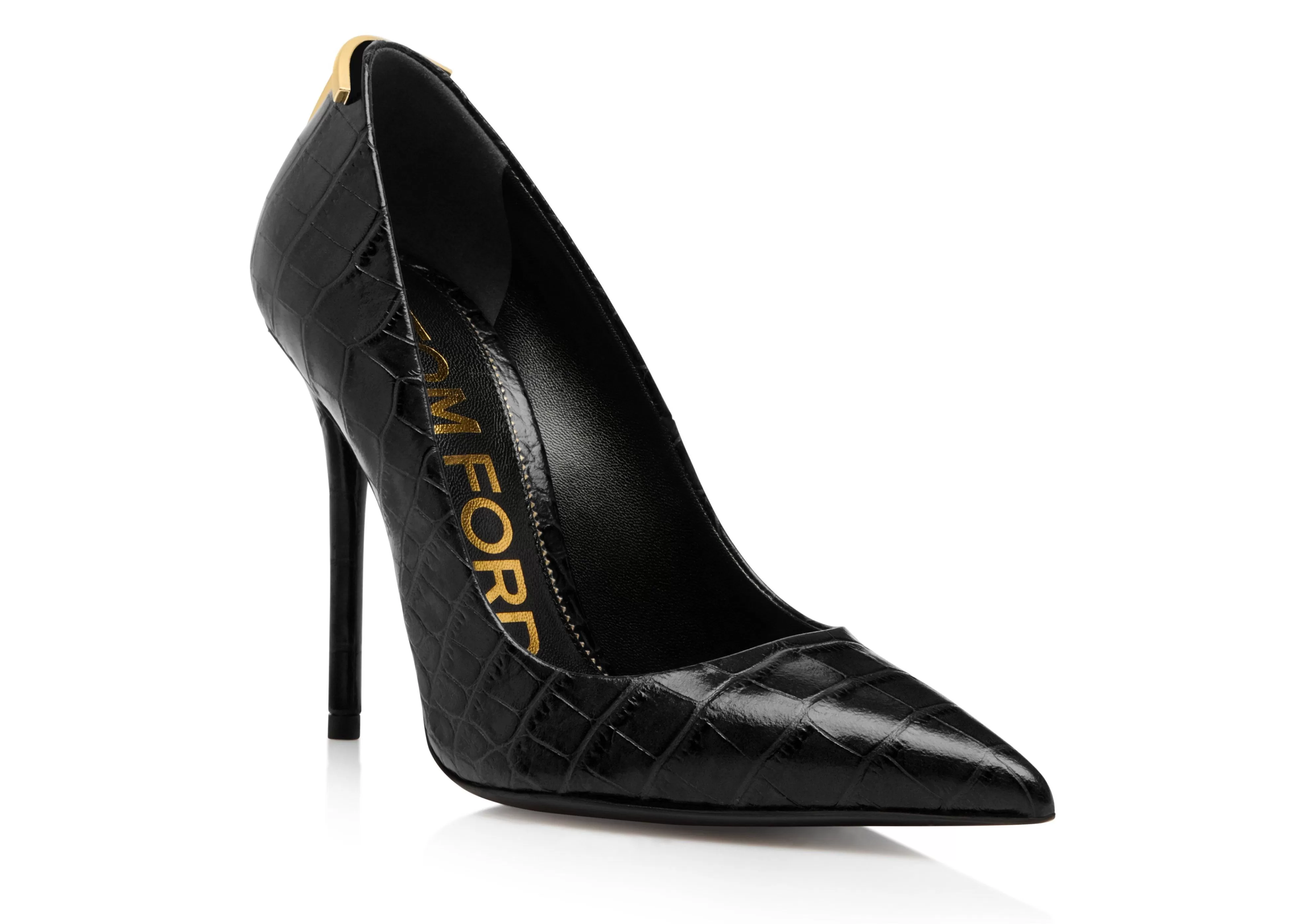 TOM FORD SHINY STAMPED CROCODILE LEATHER ICONIC T PUMP BLACK^WOMEN Pumps