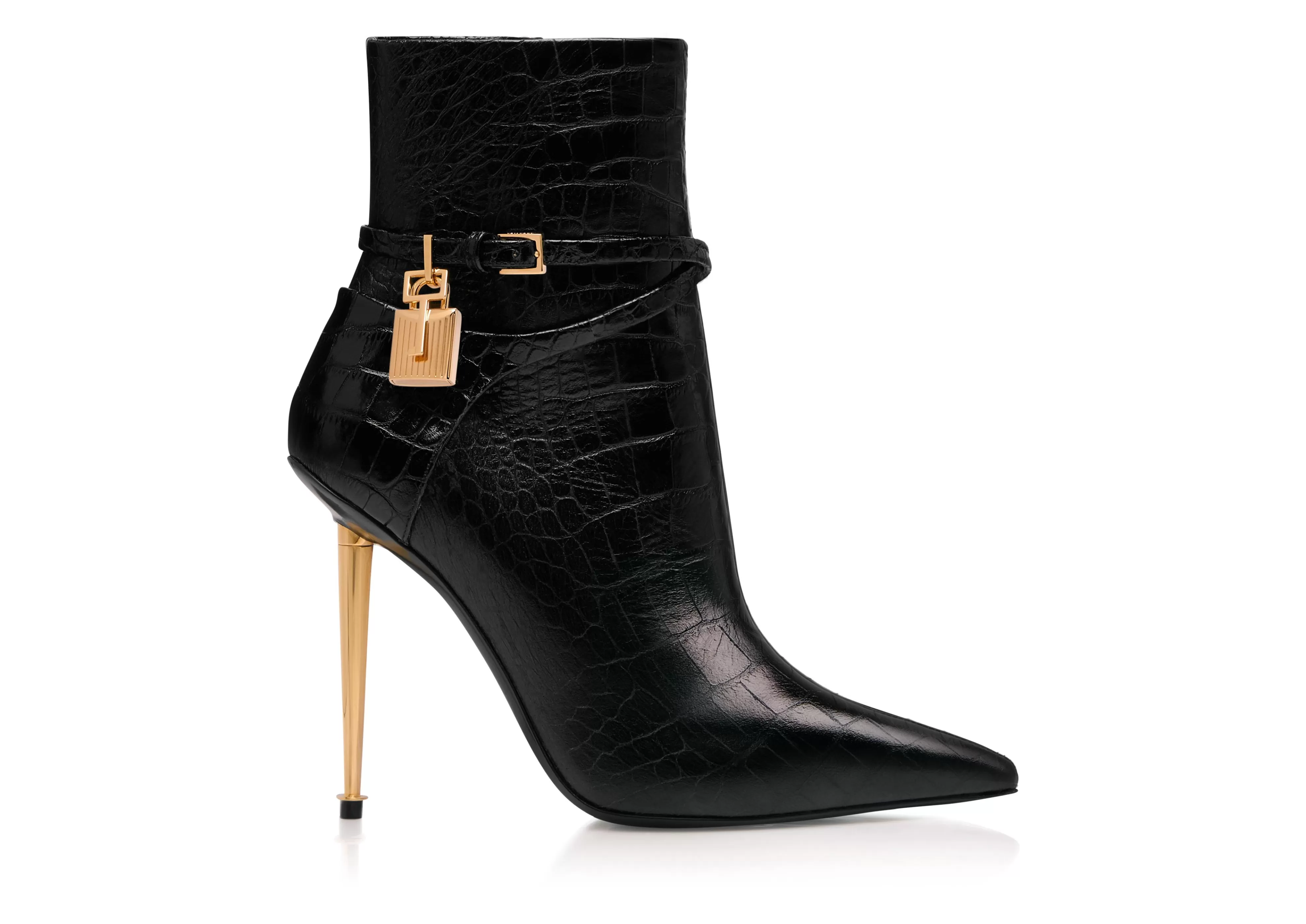 TOM FORD SHINY STAMPED CROCODILE LEATHER PADLOCK ANKLE BOOT BLACK^WOMEN Boots