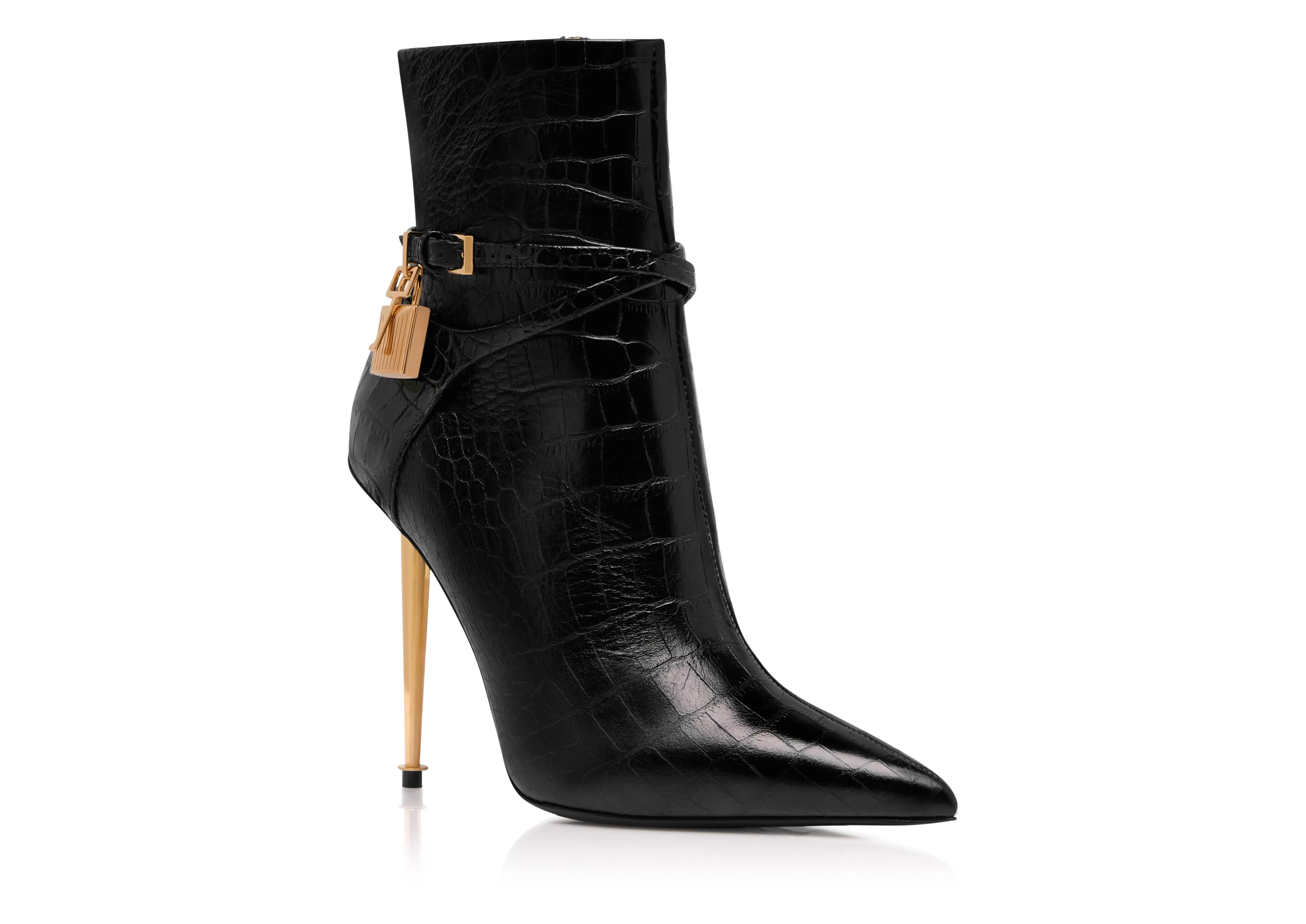 TOM FORD SHINY STAMPED CROCODILE LEATHER PADLOCK ANKLE BOOT BLACK^WOMEN Boots