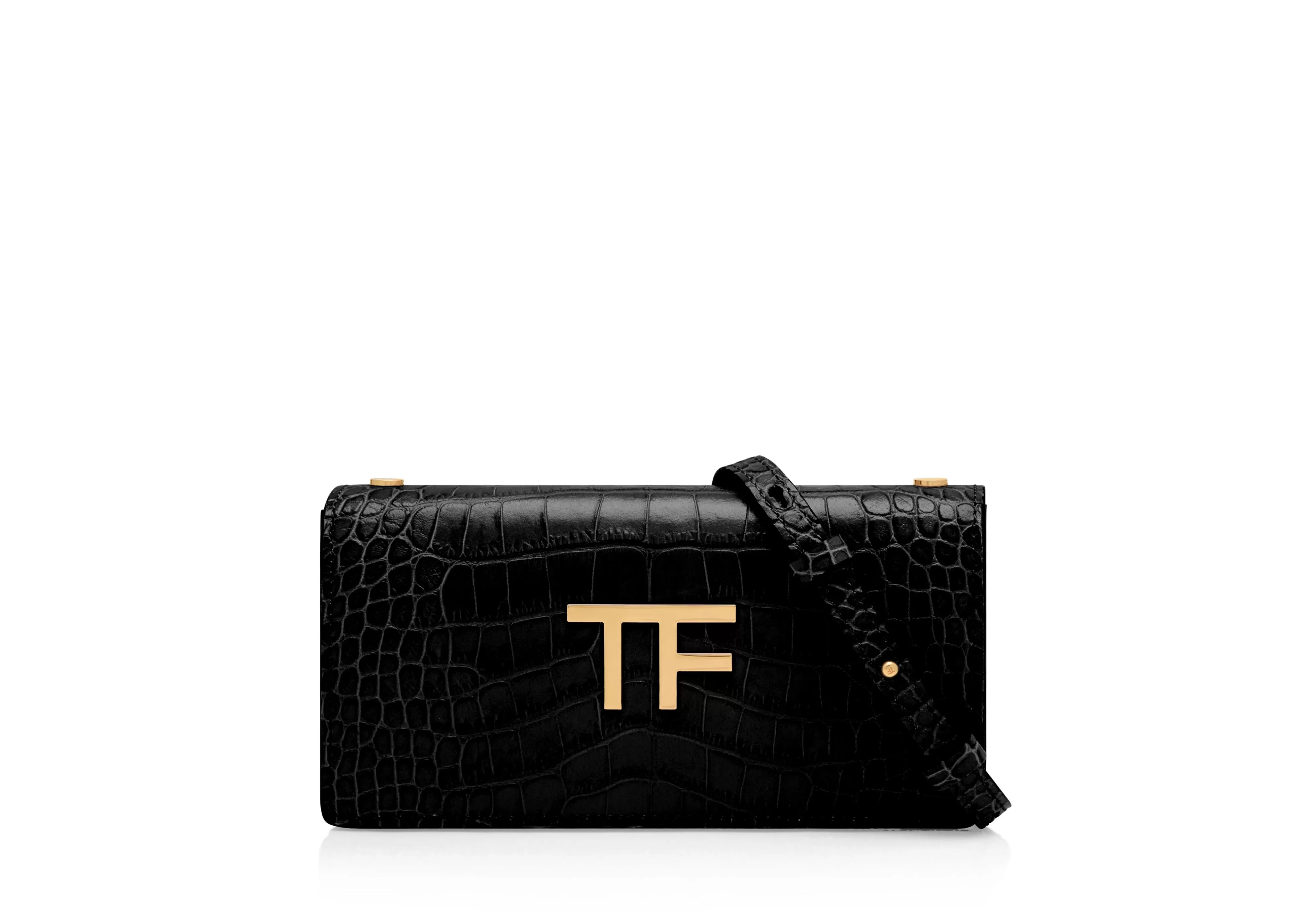 TOM FORD SHINY STAMPED CROCODILE LEATHER TF MINI BAG BLACK^WOMEN Shoulder Bags