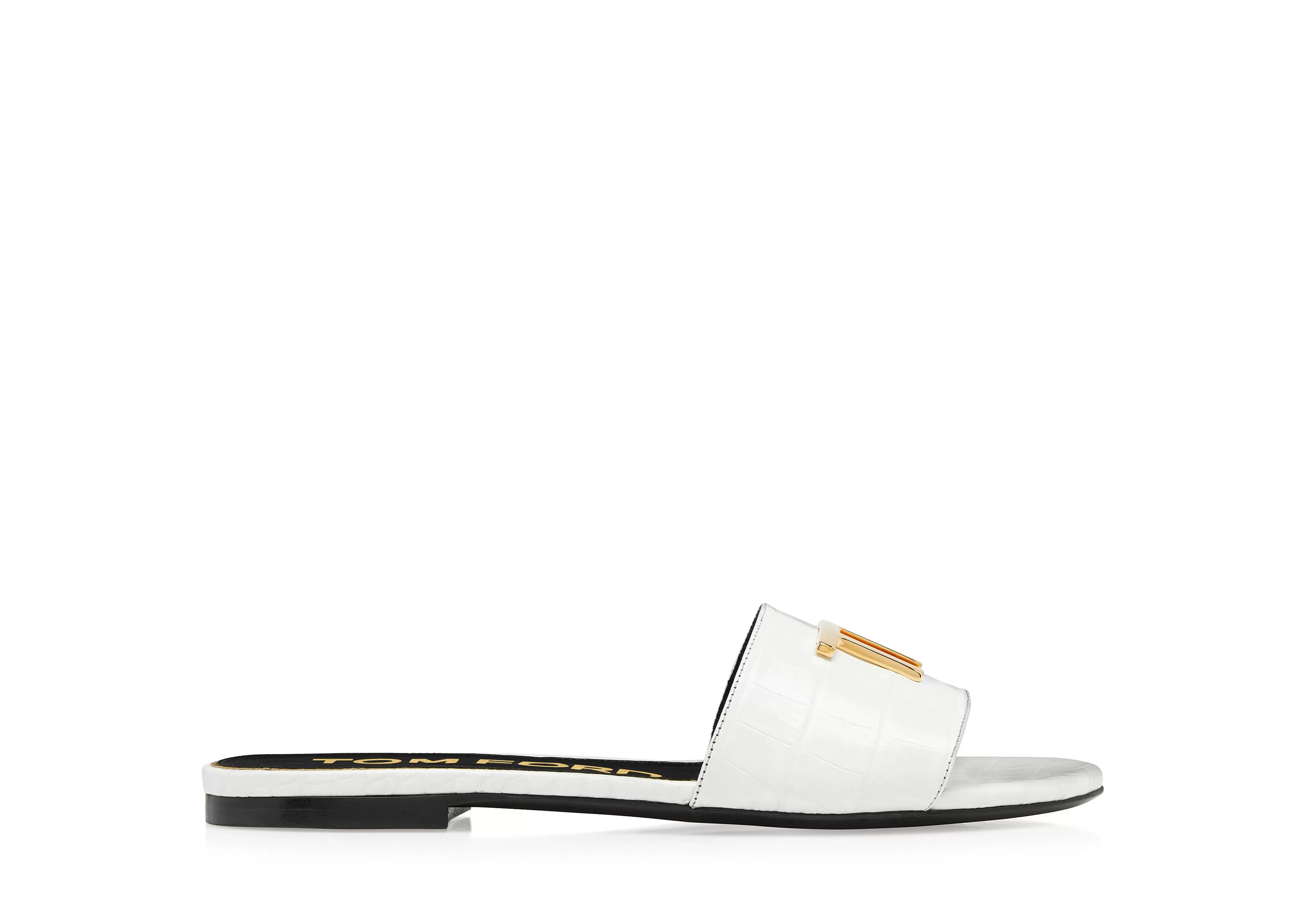 TOM FORD SHINY STAMPED CROCODILE LEATHER TF SLIDE WHITE^WOMEN | WOMEN Flats | Sandals